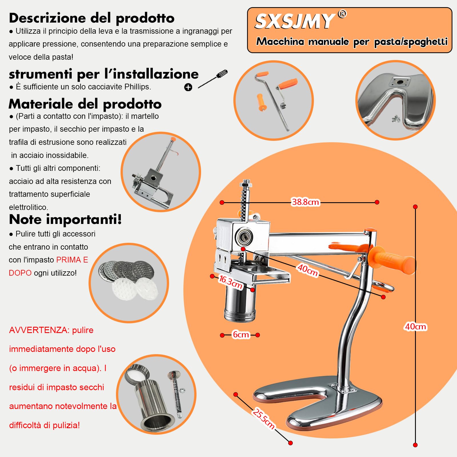 Macchina per Pasta SXSJMY con 8 Stampi | Produce Maccheroni, Fettuccine e Tagliolini in 30 Secondi | Estrusore in Acciaio con Spazzola di Pulizia