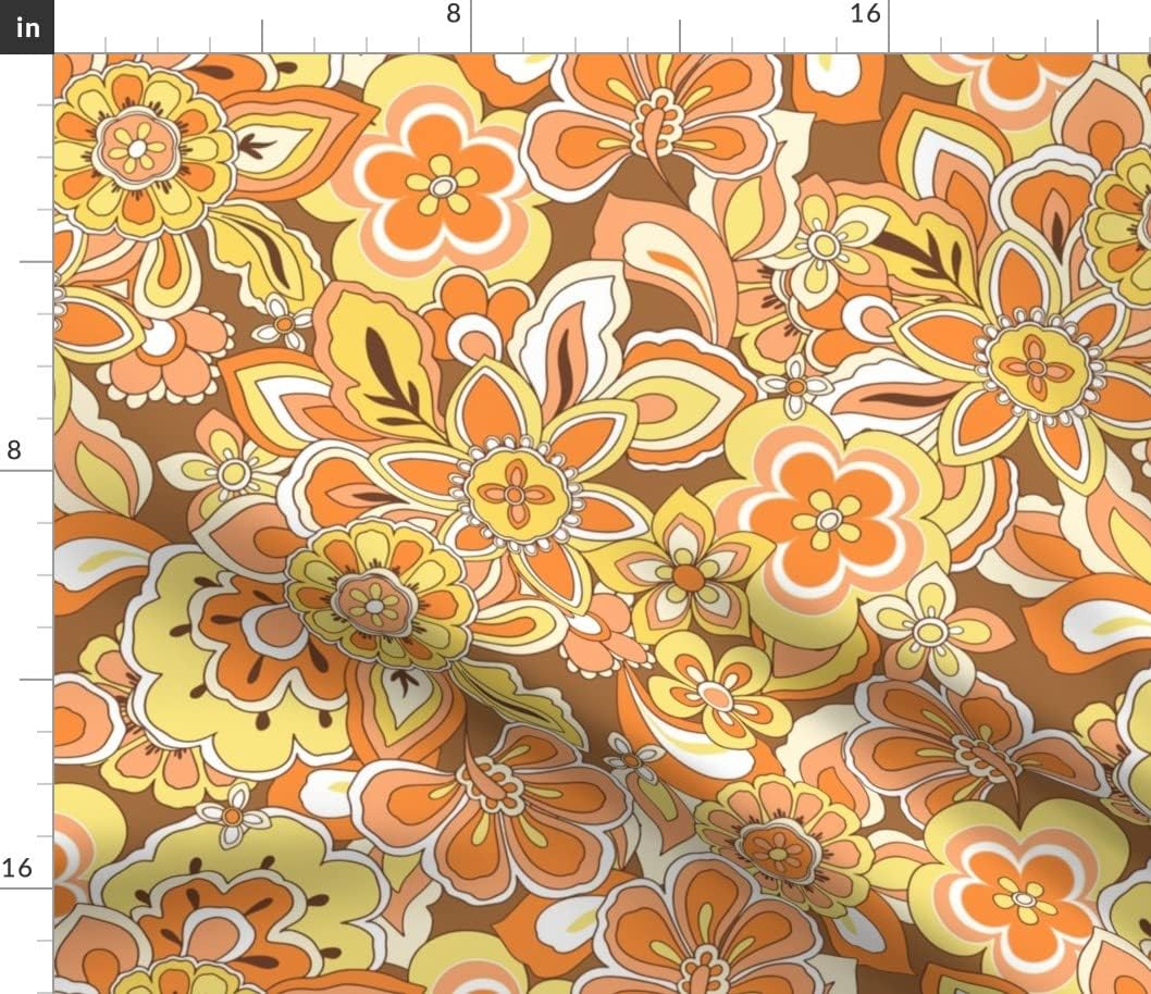 Spoonflower Fabric - Retro Flowers Orange Yellow Brown Vintage Daisies Summer Hippie 70S Printed on Petal Signature Cotton Fabric Fat Quarter - Sewing Quilting Apparel Crafts Decor