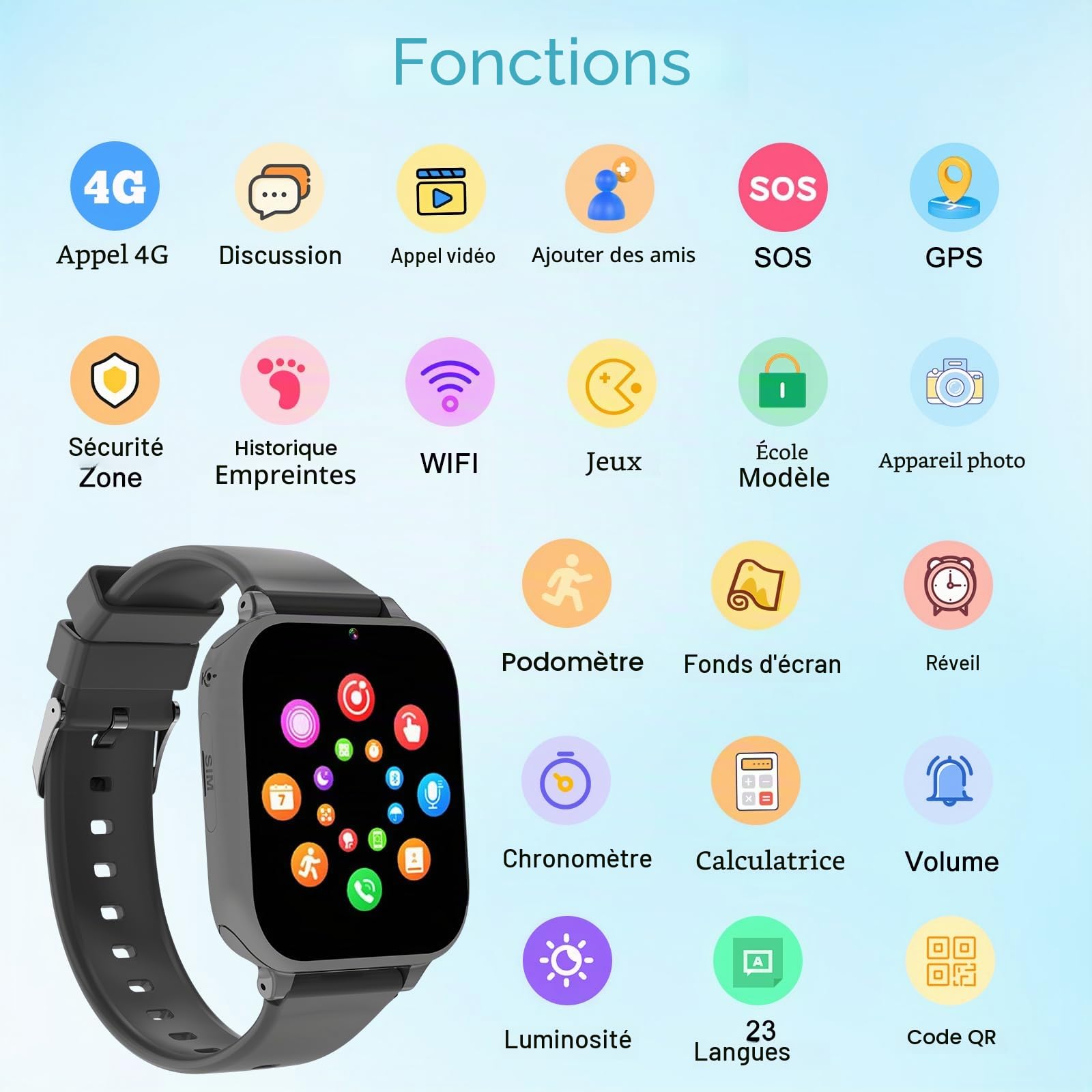PTHTECHUS Montre Connectée pour Enfant 4G, Montre Intelligente Enfants GPS pour Fille Garçon avec SOS Chat Appel Vidéo Chronomètre Mode Classe Réveil, Smartwatch Téléphone Cadeau 4 à 12 Ans (Noir-S2)
