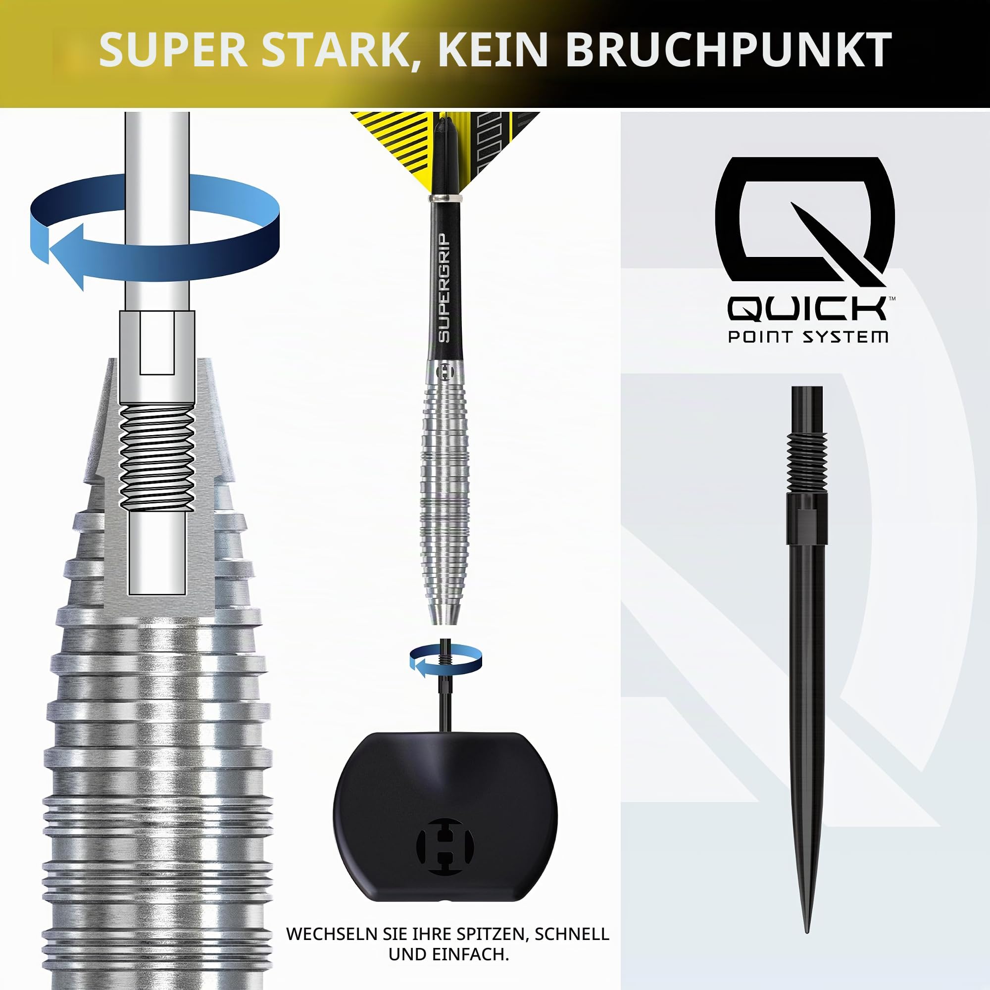 Harrows NX90 Bomb Shape Darts Set I Profi Darts 90% Tungsten Steel Tip Darts-Set mit Quick Point Change System I 10-teiliges Set mit schwarzen Supergrip Midi Schäften & NX90 Flights