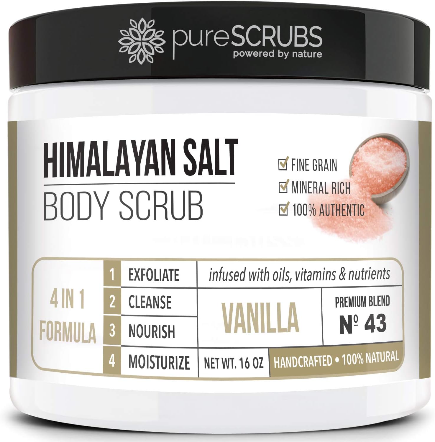 pureSCRUBS Premium Pink Himalayan Salt Body Scrub Set - Large 16oz VANILLA SCRUB, Organic Essential Oils & Nutrients INCLUDES Wooden Stirring Spoon, Loofah & Mini Exfoliating Bar Soap