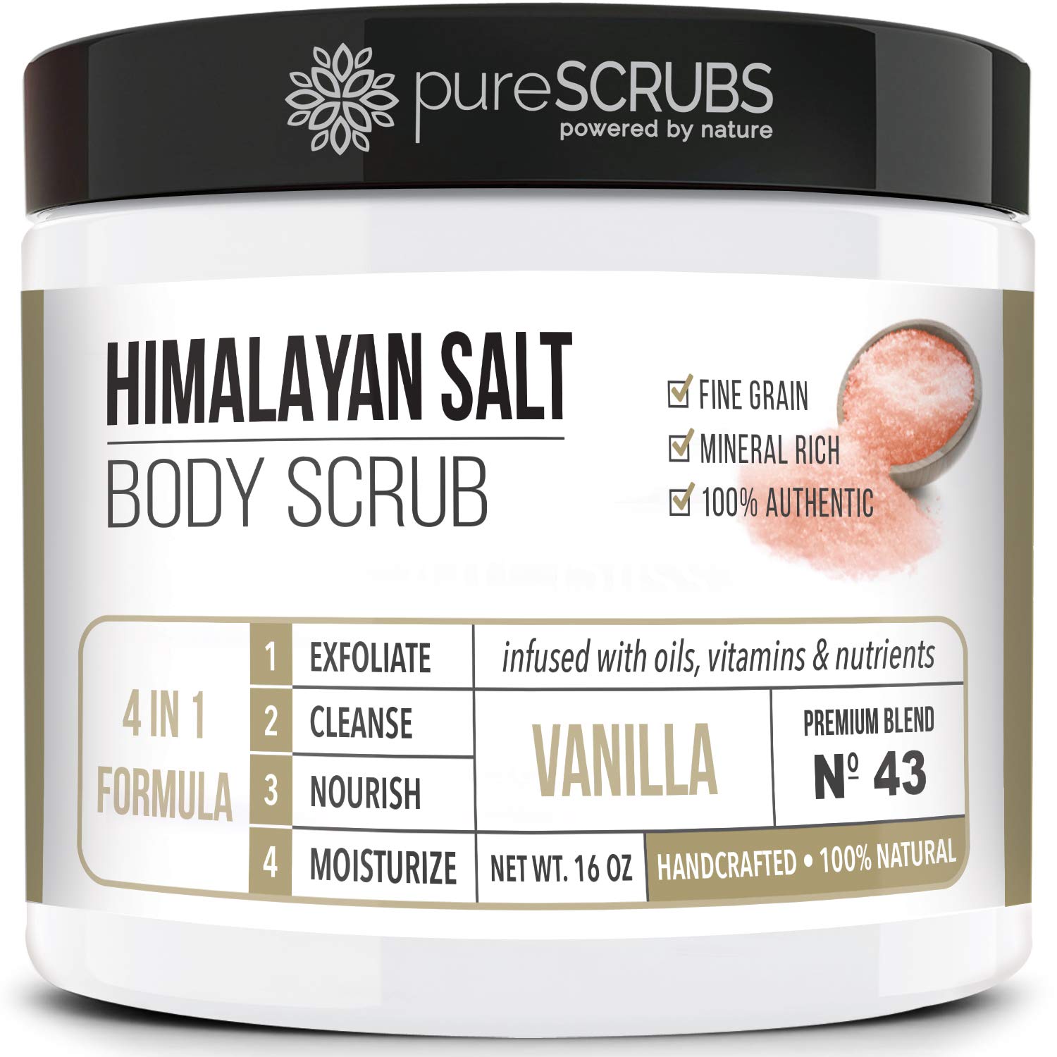 pureSCRUBS Premium Pink Himalayan Salt Body Scrub Set - Large 16oz VANILLA SCRUB, Organic Essential Oils & Nutrients INCLUDES Wooden Stirring Spoon, Loofah & Mini Exfoliating Bar Soap