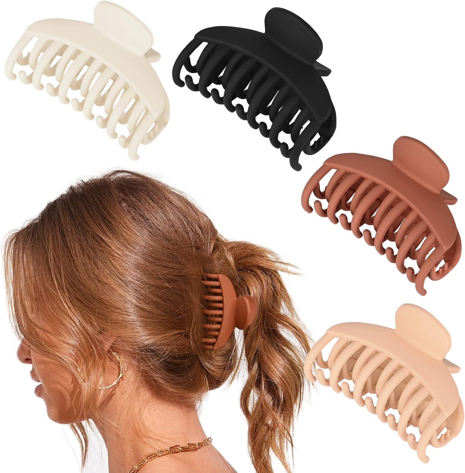 DEEKA 4 PCS Double Row Teeth Hair Claw Clips 2.5" Medium Hair Clips for Thin Hair Small Matte Clips Short Fine Hair Accessories for Women and Girls -Black Brown