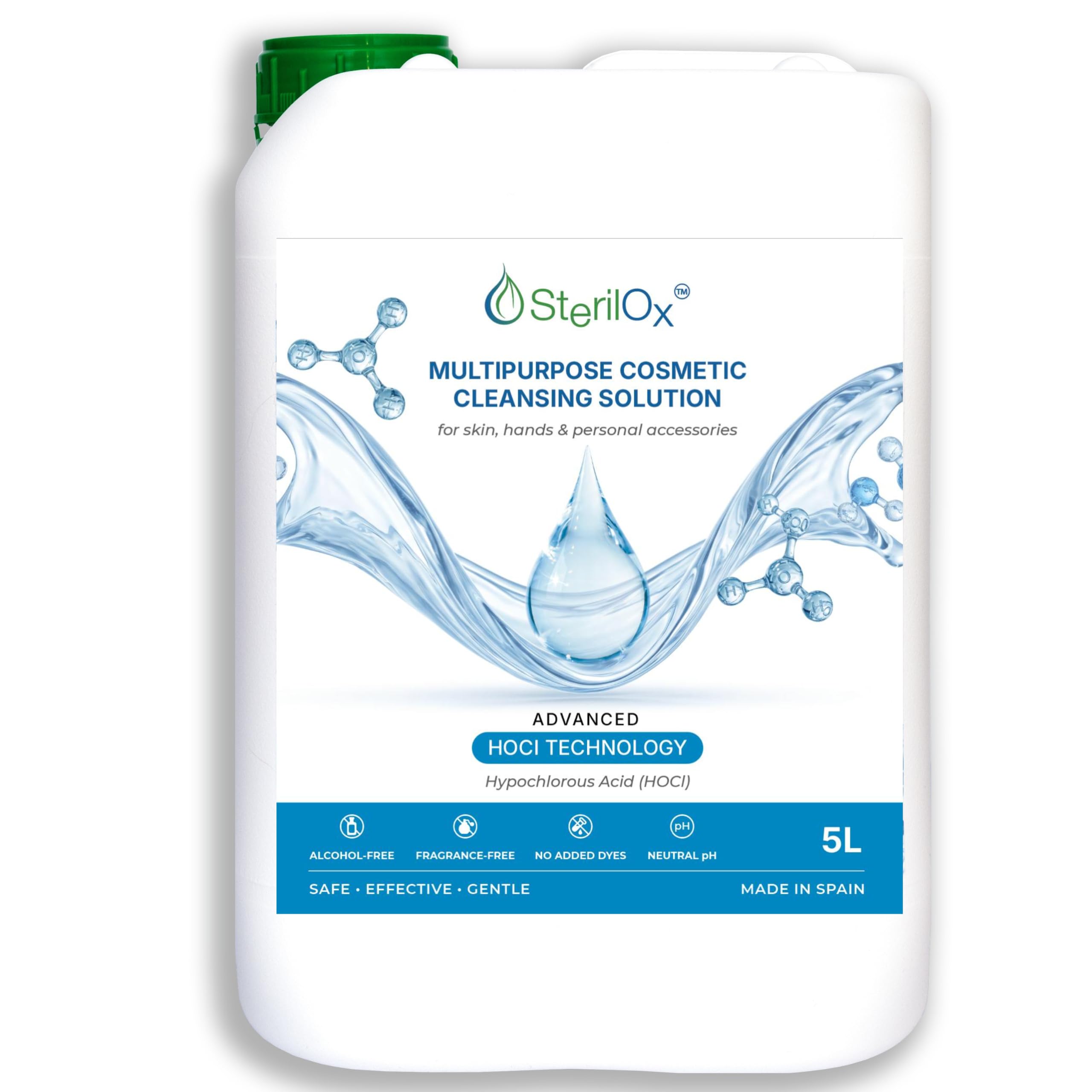 SterilOx 5L – Soluzione Cosmetica con Acido Ipocloroso | Senza Alcol e Profumo | Per la Cura della Pelle, Oggetti e Superfici | Ideale per HoReCa, Casa e Centri Estetici