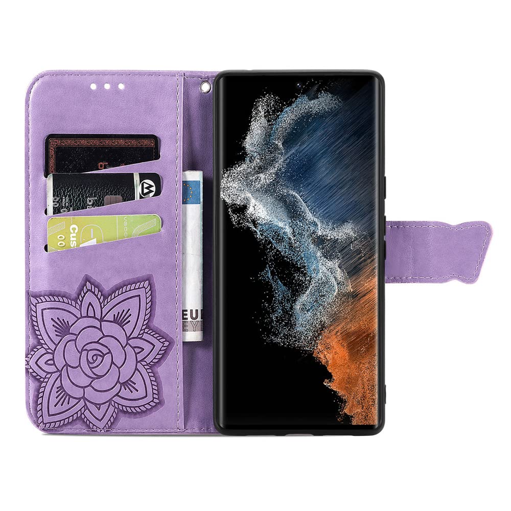 COTDINFOR Compatible with Samsung Galaxy S23 Ultra Case Glitter Bling with Card Holder Stand Leather Flip Wallet Diamond Butterfly Protective Case for Samsung Galaxy S23 Ultra Crystal Lavender