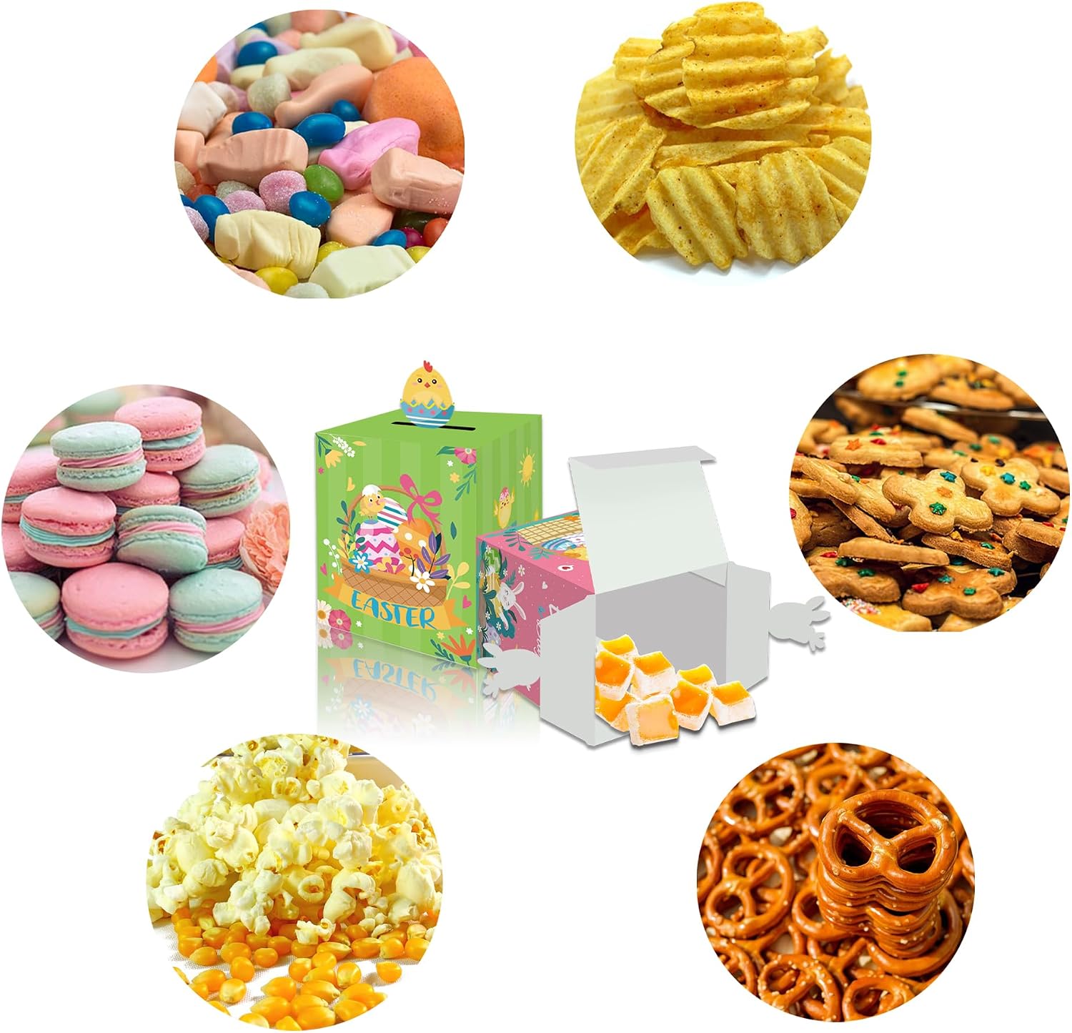 12 Pcs 4 Style Bunny Eggs Treat Boxes with Handles, Easter Gift Boxes with Bunny Chick Egg Patterns, Happy Day Themed Cardboard Treat Boxes for Party Favors image 4