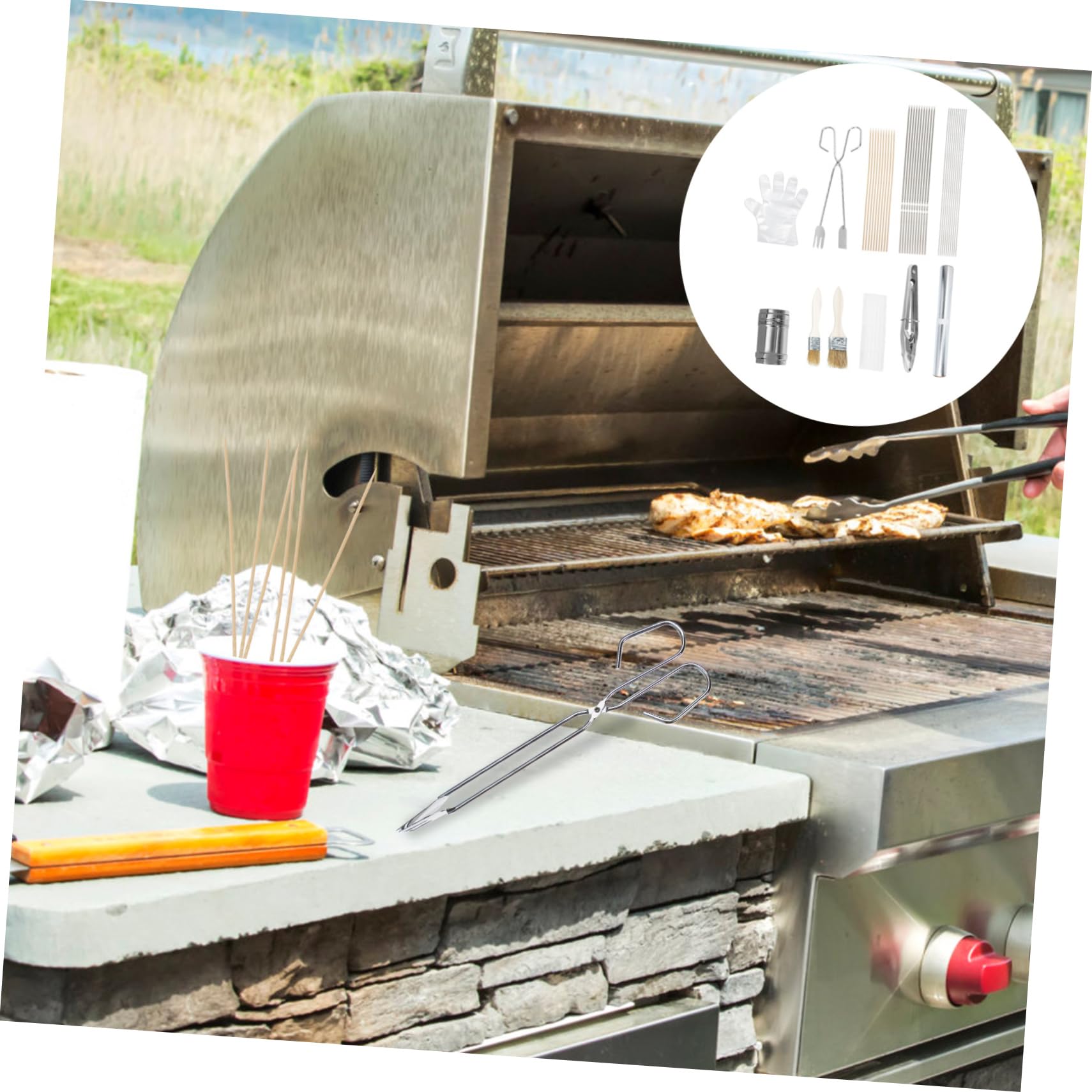 Set di Utensili Barbecue in Acciaio Inox per Campeggio | Clip Multi-funzione, Design Leggero, Accessori per Grigliate All'aperto, Bastoncini Inox, Kit Completo