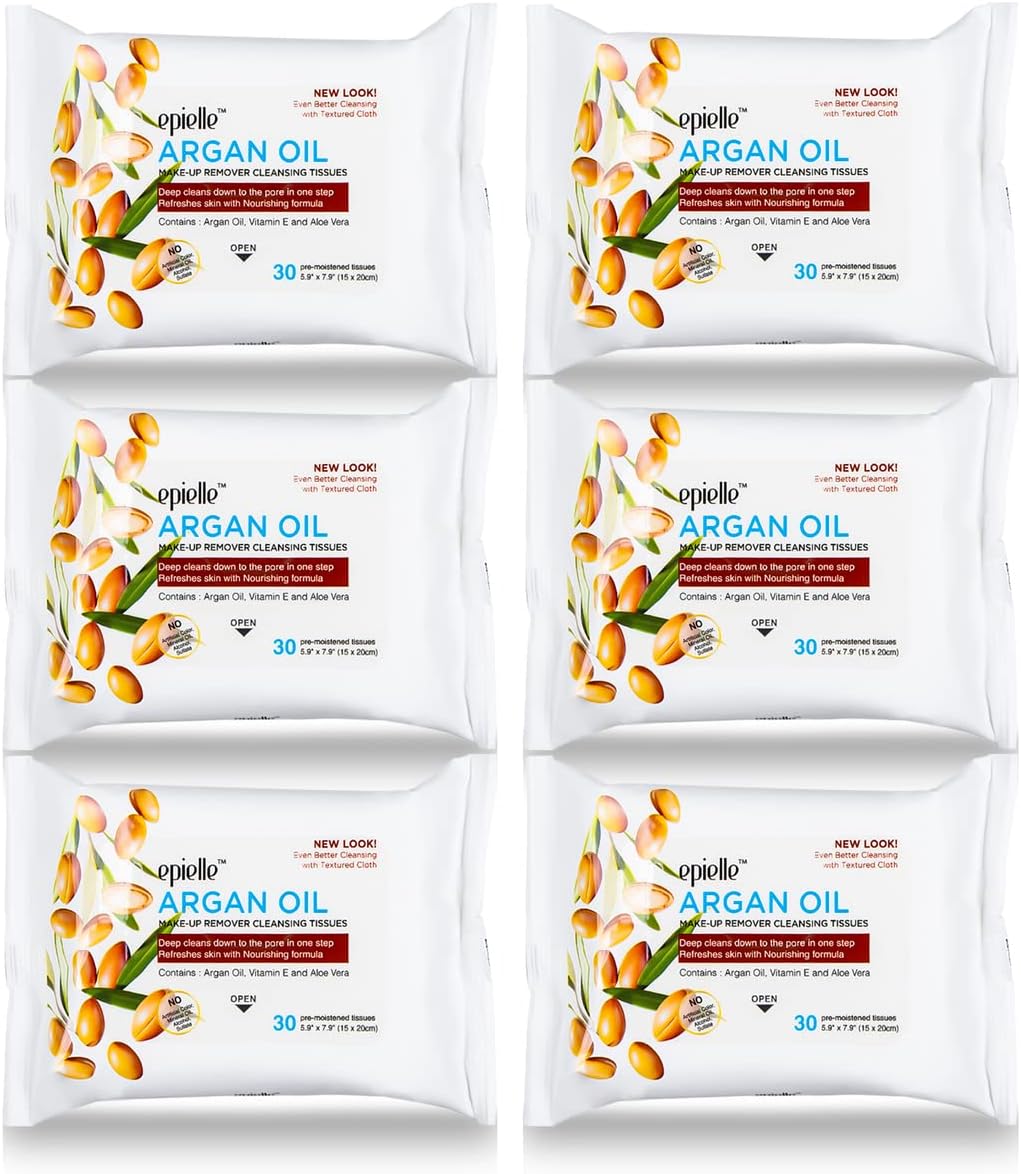 Epielle Argan Oil Makeup Remover Wipes, Gentle Daily Facial Cleanser Towelettes, Remove Dirt, Oil & Waterproof Mascara, Hypoallergenic & Alcohol-Free, 30 Count (Pack of 6)