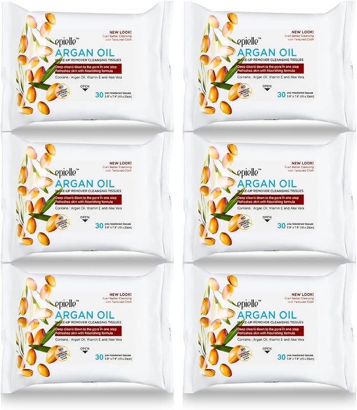 Lenços removedores de maquiagem Epielle com óleo de argan, 30 unidades, pacote com 6