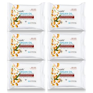 Epielle Argan Oil Makeup Remover Wipes, Gentle Daily Facial Cleanser Towelettes, Remove Dirt, Oil & Waterproof Mascara, Hypoallergenic & Alcohol-Free, 30 Count Pack of 6