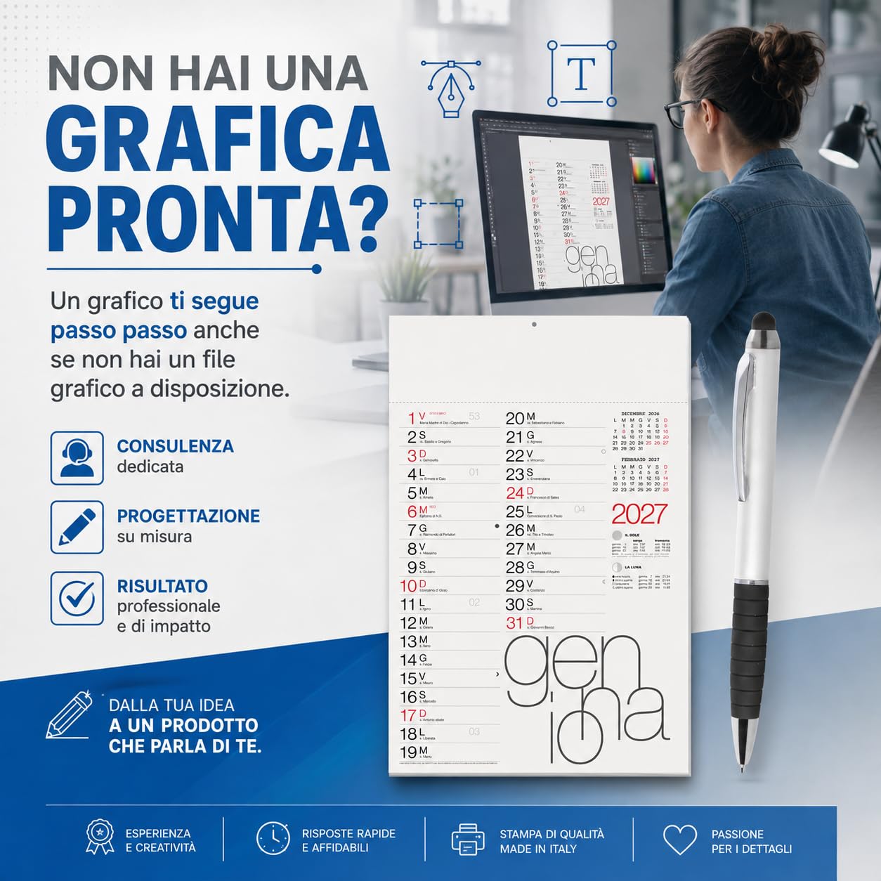 100 Calendari Personalizzati 2027 + 100 Penne Touch Personalizzate Gadget Pubblicitari di Fine Anno come Omaggio per i Clienti Promozionali Regali Aziendali. Cod. Master