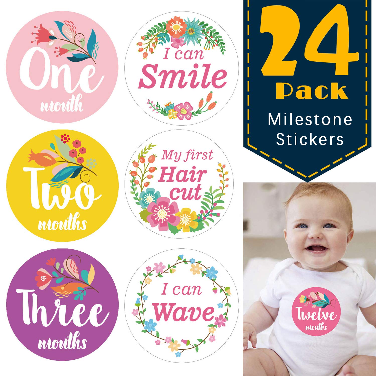 Floral Baby Milestone Stickers Photography Props Newborn Monthly Stickers for Baby Girls, Track Your Baby's First Year Growth(Set of 24)