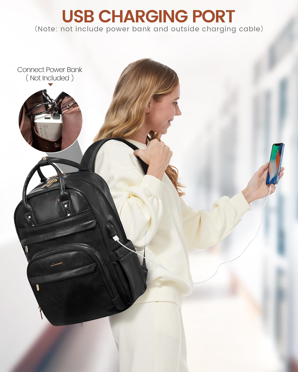 LOVEVOOK Vintage PU Leather 15.6 inch Women's Laptop Backpack, Black, 25L, Water Resistant, USB Charging Port - Image 7