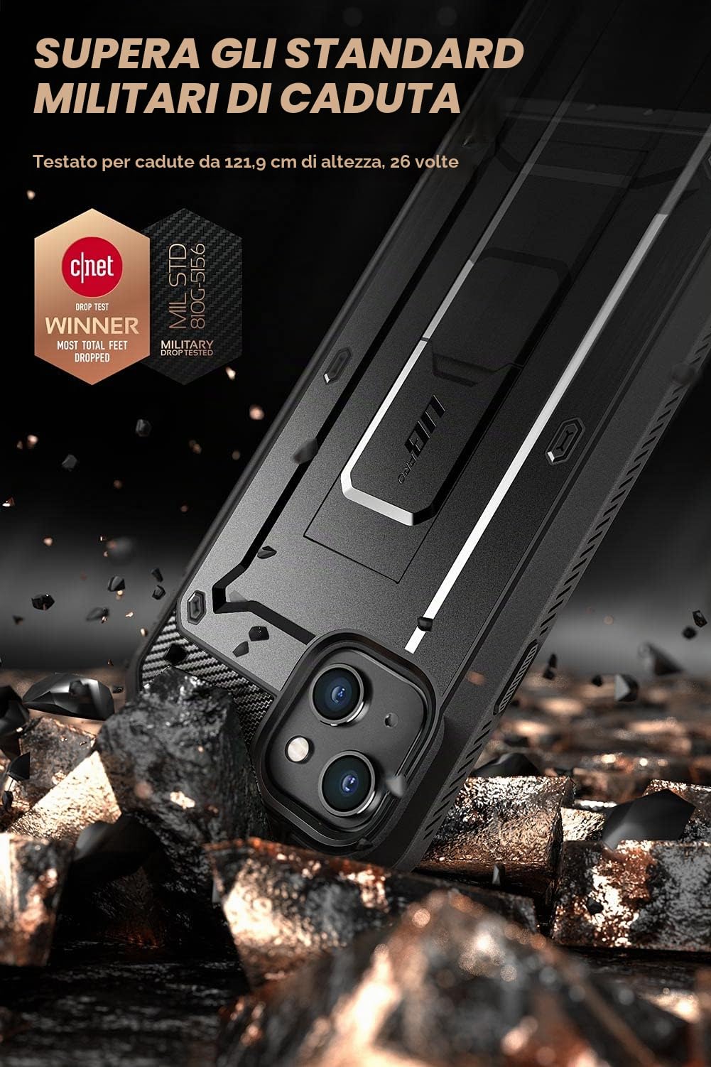 SUPCASE Cover per iPhone 13 (2021) da 6,1 pollici, Custodia con Pellicola Protettiva, Cavalletto, Clip da Cintura, Protezione Antiurto 360 Gradi (Nero)