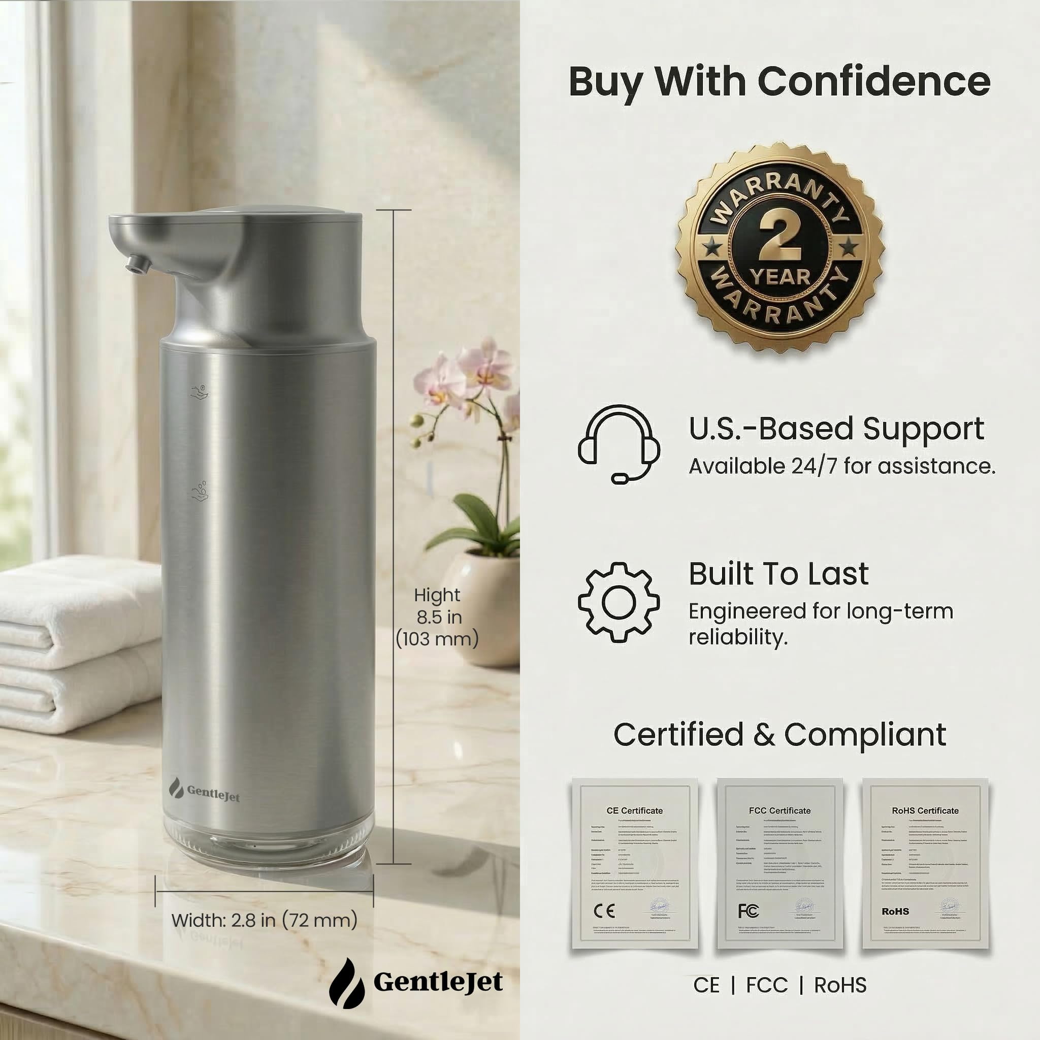 CrystalJet Automatischer Seifenspender Berührungslos, 2-stufig verstellbar, wiederaufladbar, Edelstahl, IPX5, 295.7 ml Flüssigschale & Handseifenspender für Bad oder Küche (Silber)