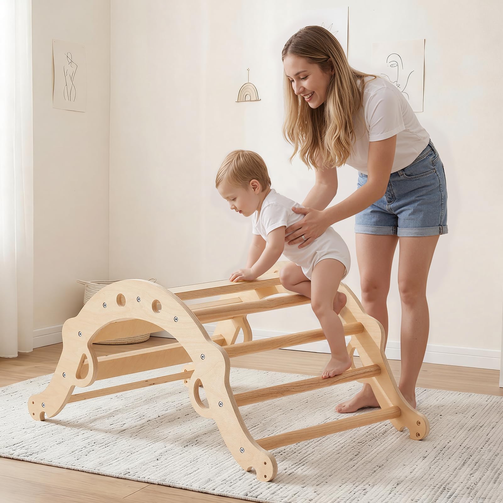 VEVOR Kletterdreieck, 9-in-1 Kletterspielzeug, mit Holzautos, Kissen, Kletterdreieck, Rutsche & Kletterbogen, bis 68 kg Belastbar, Montessori Indoor Spielset für Kinder im Alter von 1 bis 3 Jahren