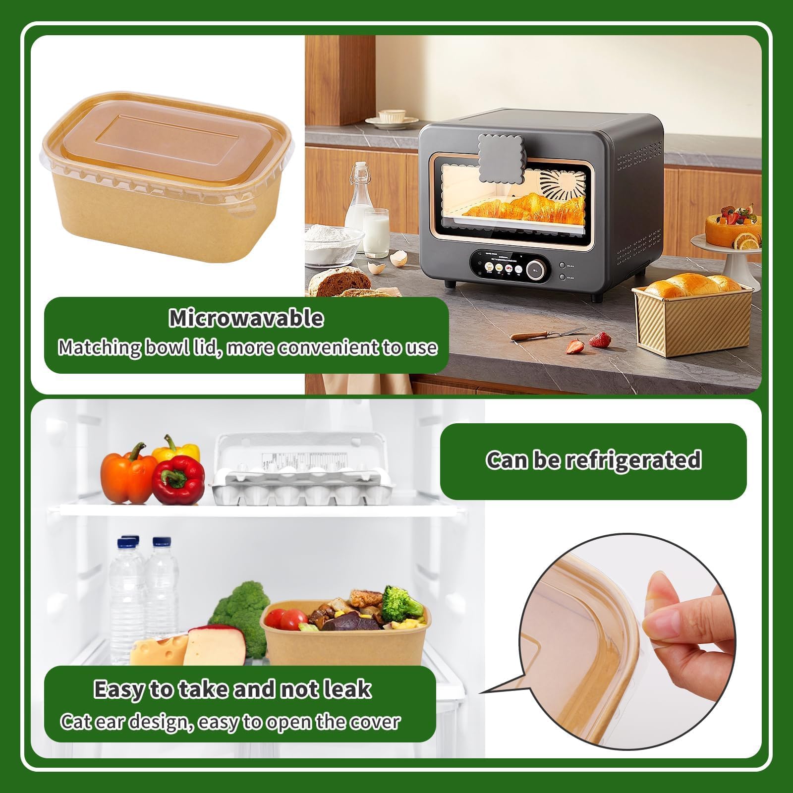 Paquete de 50 cuencos de papel de 25 onzas, recipientes desechables para alimentos con tapas, cuencos desechables rectangulares con tapas, cuencos de ensalada desechables con tapas para