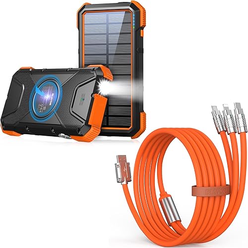 BLAVOR Banco de energía solar de 20000 mAh Cargador inalámbrico de carga rápida de 10 W (naranja) más cable de carga múltiple 3 en 1 de 4 pies