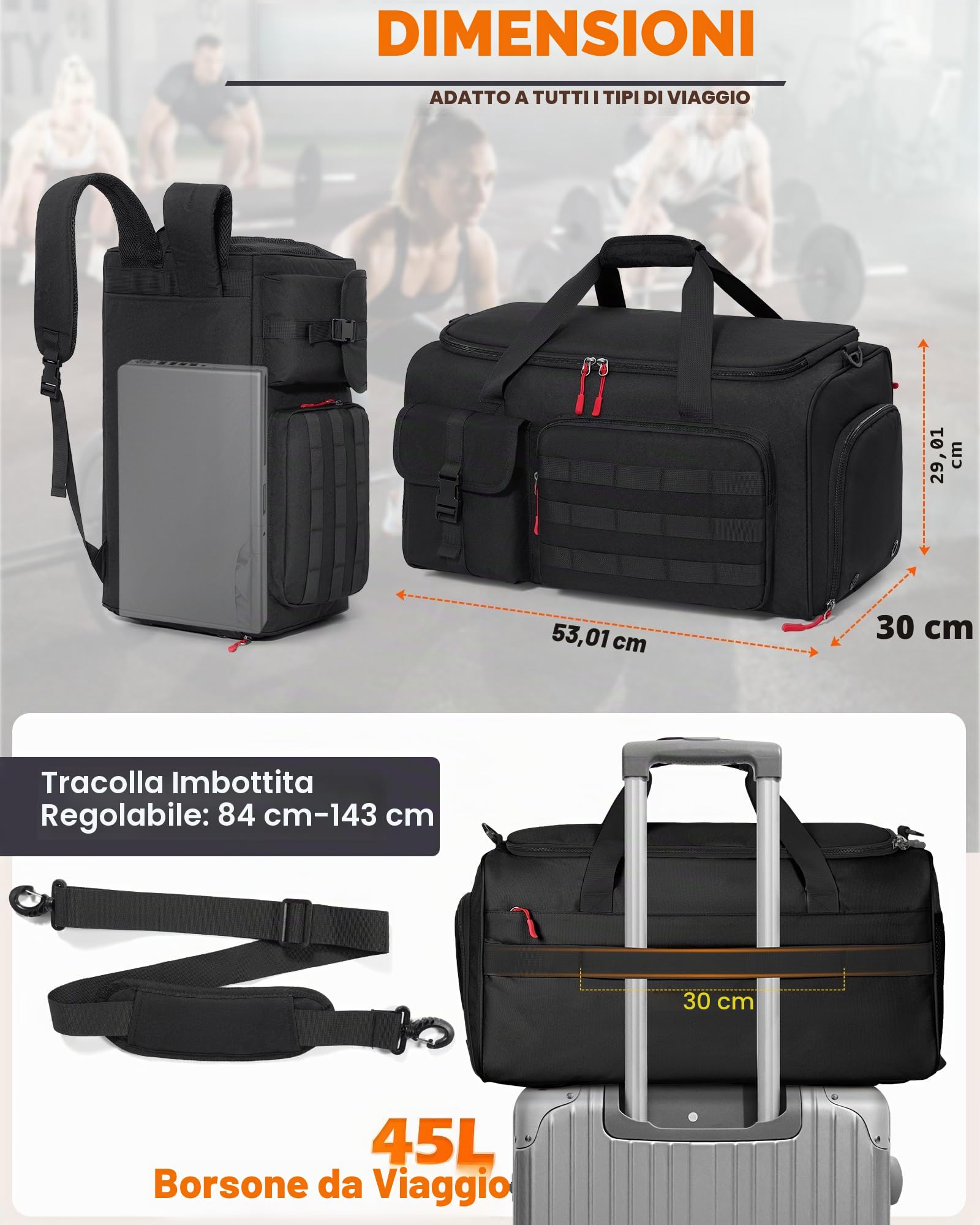 RAINSMORE 3 in 1 Borsone Palestra Uomo Donne Borsa Sportiva 45L Borsone Da Viaggio Grande Bagaglio a Mano con Scomparto Scarpe e Laptop Funzione Zaino