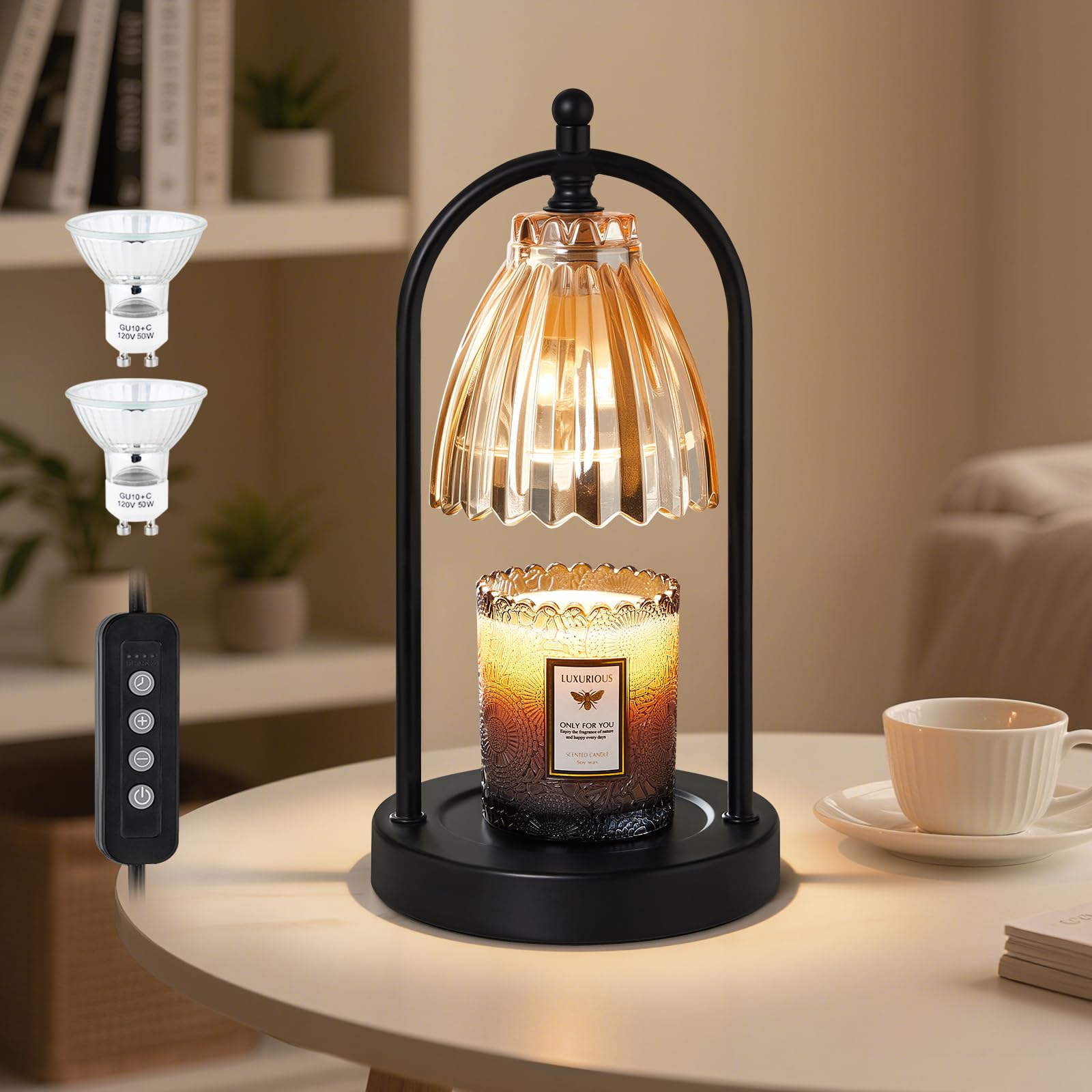 GyroVu Candle Warmer Lamp with Timer, 3-Level Dimmable Wax Melt Warmer with Vintage Glass Shade, 50W Electric Candle Lamp for Scented Wax, Gifts for Women & Home Decor