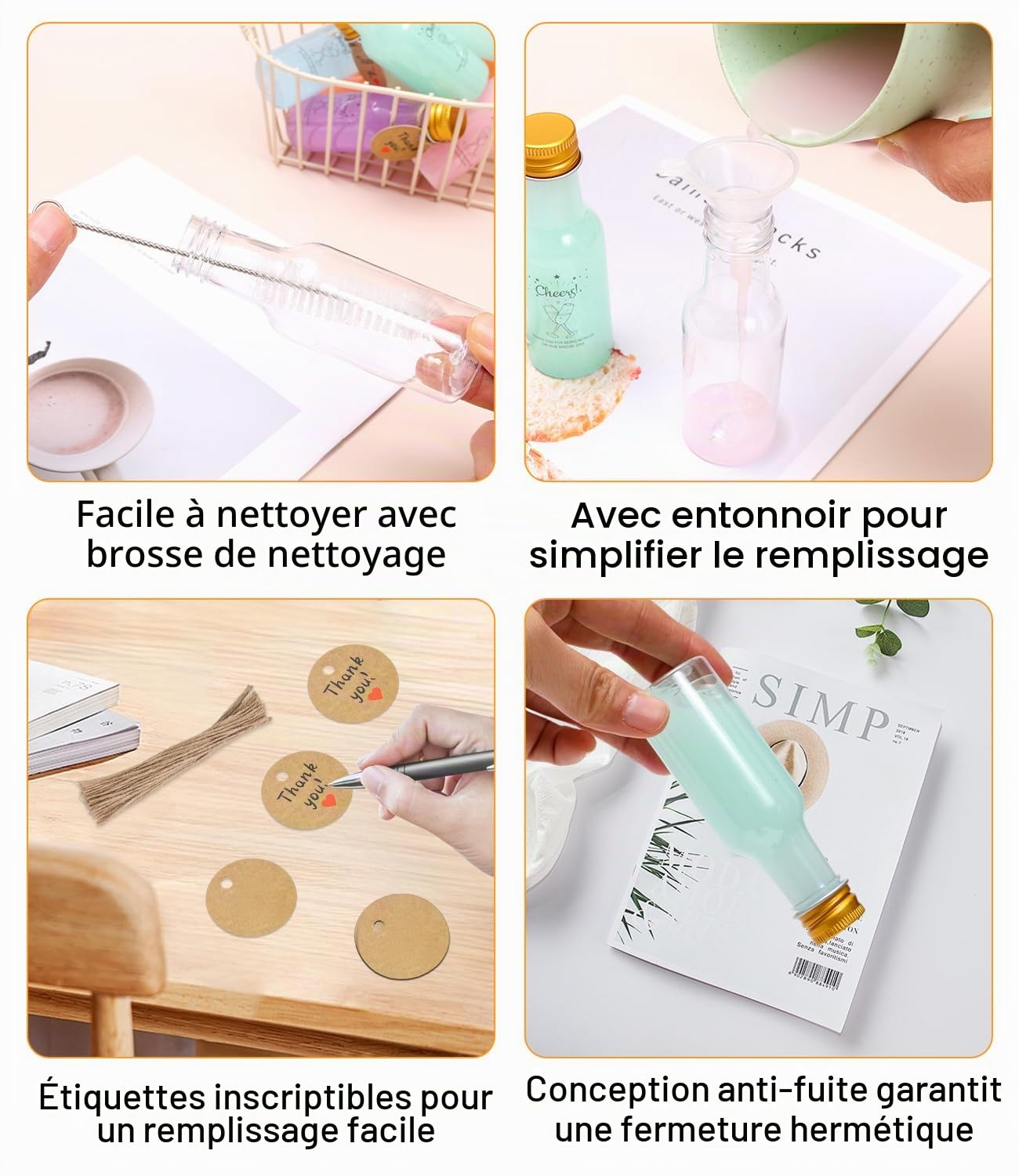 Lot de 30 mini bouteilles de liqueur en plastique réutilisables de 50 ml, avec bouchons à vis, brosse de nettoyage et 2 entonnoirs, petites bouteilles à remplir pour mariage, fête