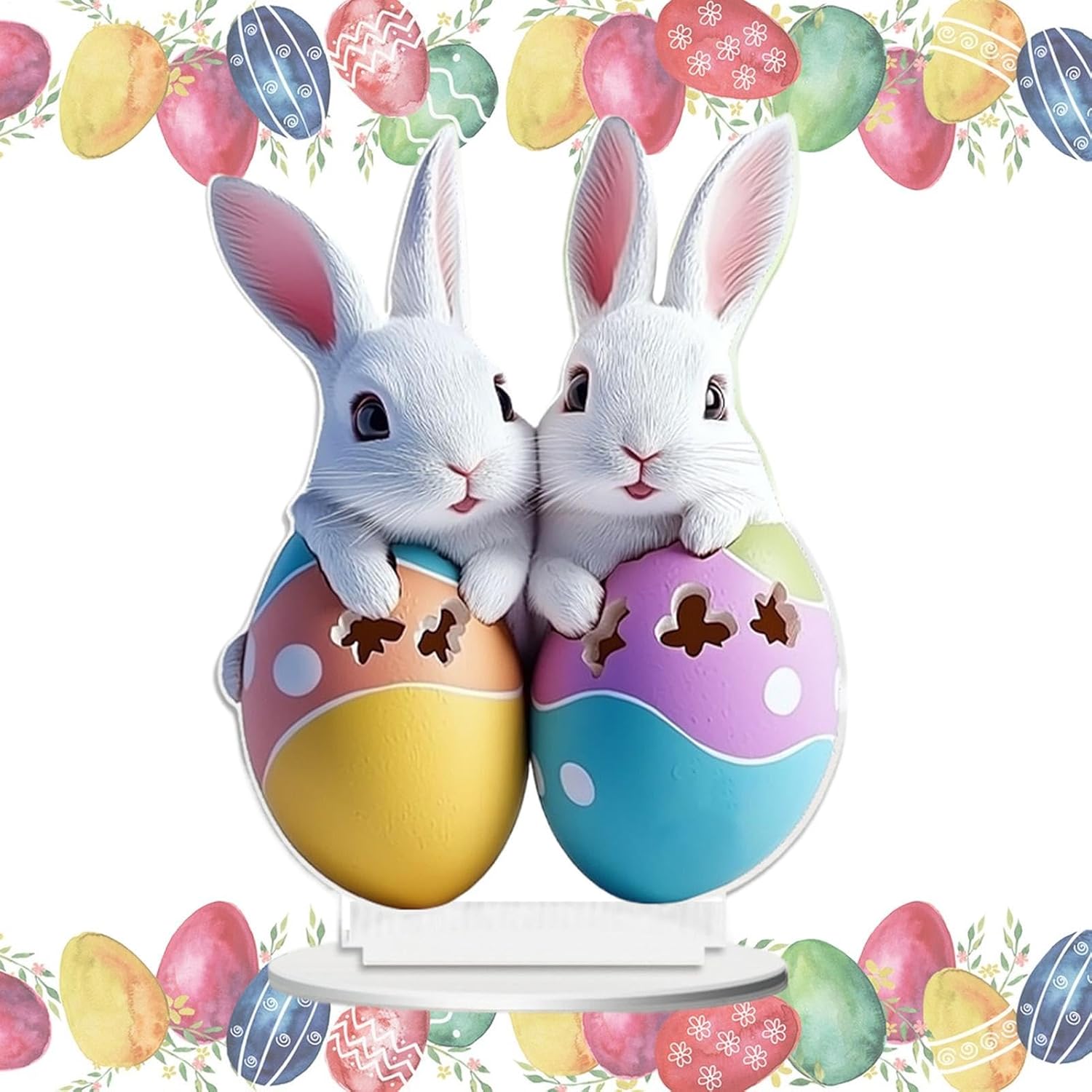 Main image of two white Easter bunnies peeking out of colorful Easter eggs, surrounded by a festive border of eggs and leaves.