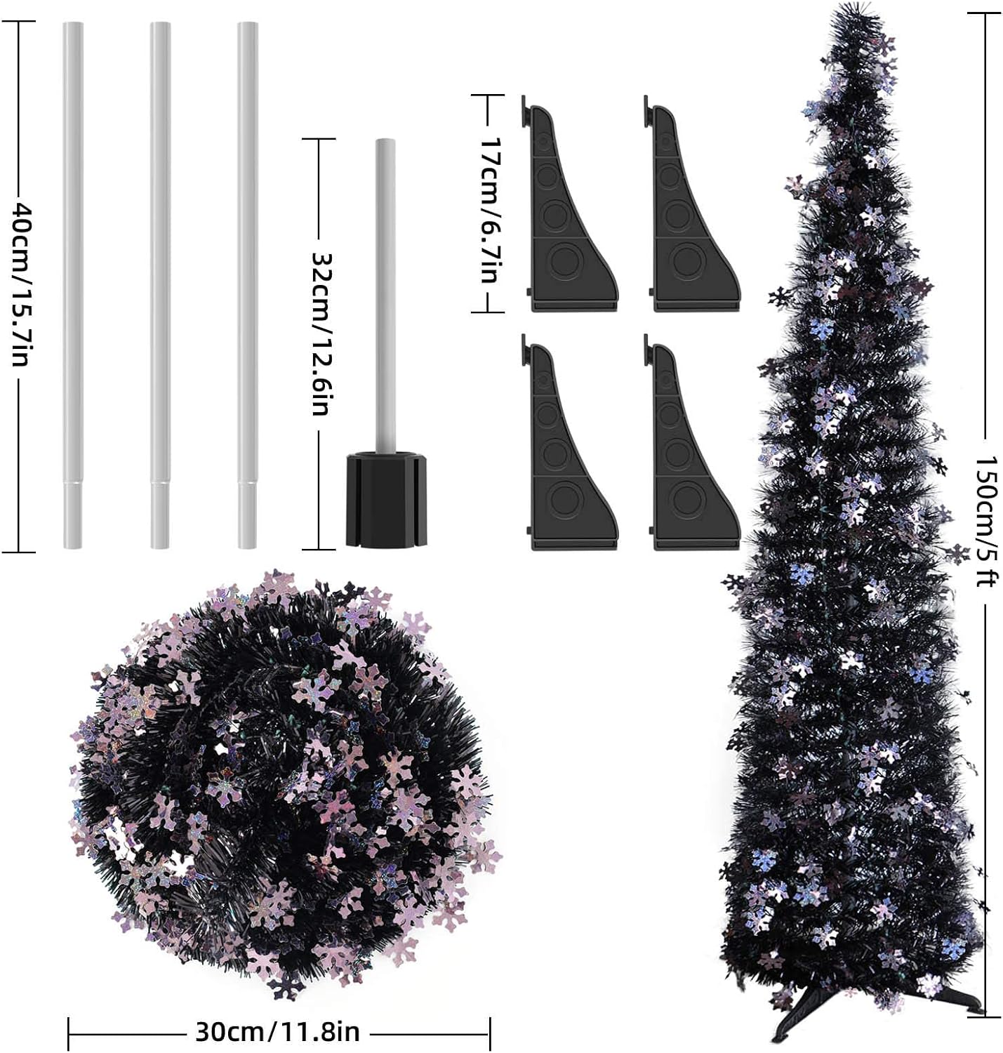 5FT Collapsible Halloween Tree Atrificial Pencil Slim Christmas Tree, Pop Up Tinsel Xmas Tree for Small Spaces, Aparment, Store, Office, Corner, Halloween, Christmas Decoration (New Black)
