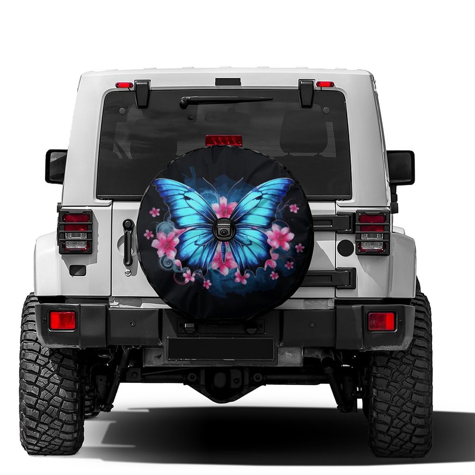 Delerain Spare Tire Cover with Backup Camera Hole Blue Butterfly Pink Flower Wheel Covers Waterproof Dust-Proof UV Sun Universal Fit for RV Trailer RV SUV Truck (17 Inch for Diameter 31