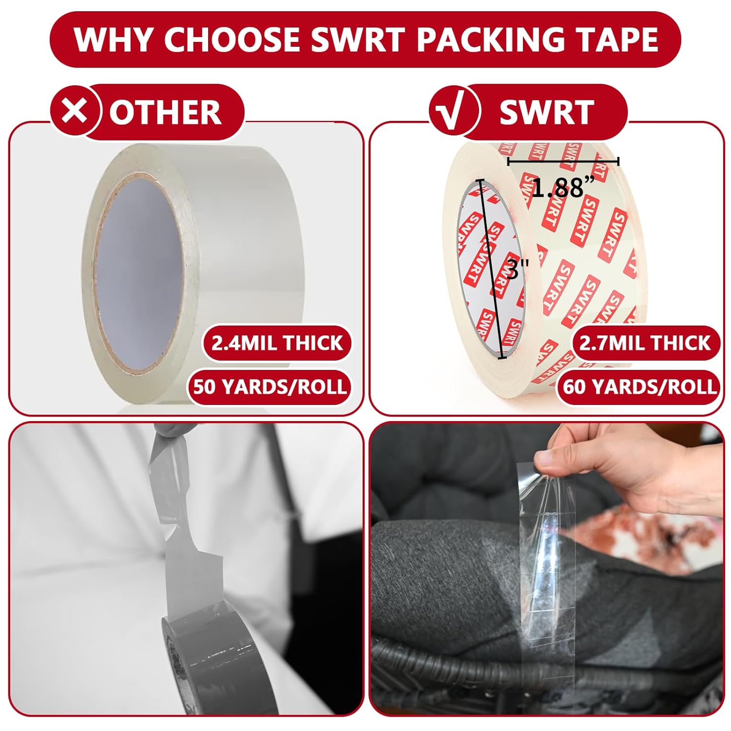 swrt 2.7mil thick ultra clear packing tape, 12 rolls heavy duty packaging tape with 2 dispensers for shipping packaging moving mailing, thicker sealing tape-1.88" x 60 yards per roll, 720 total yards