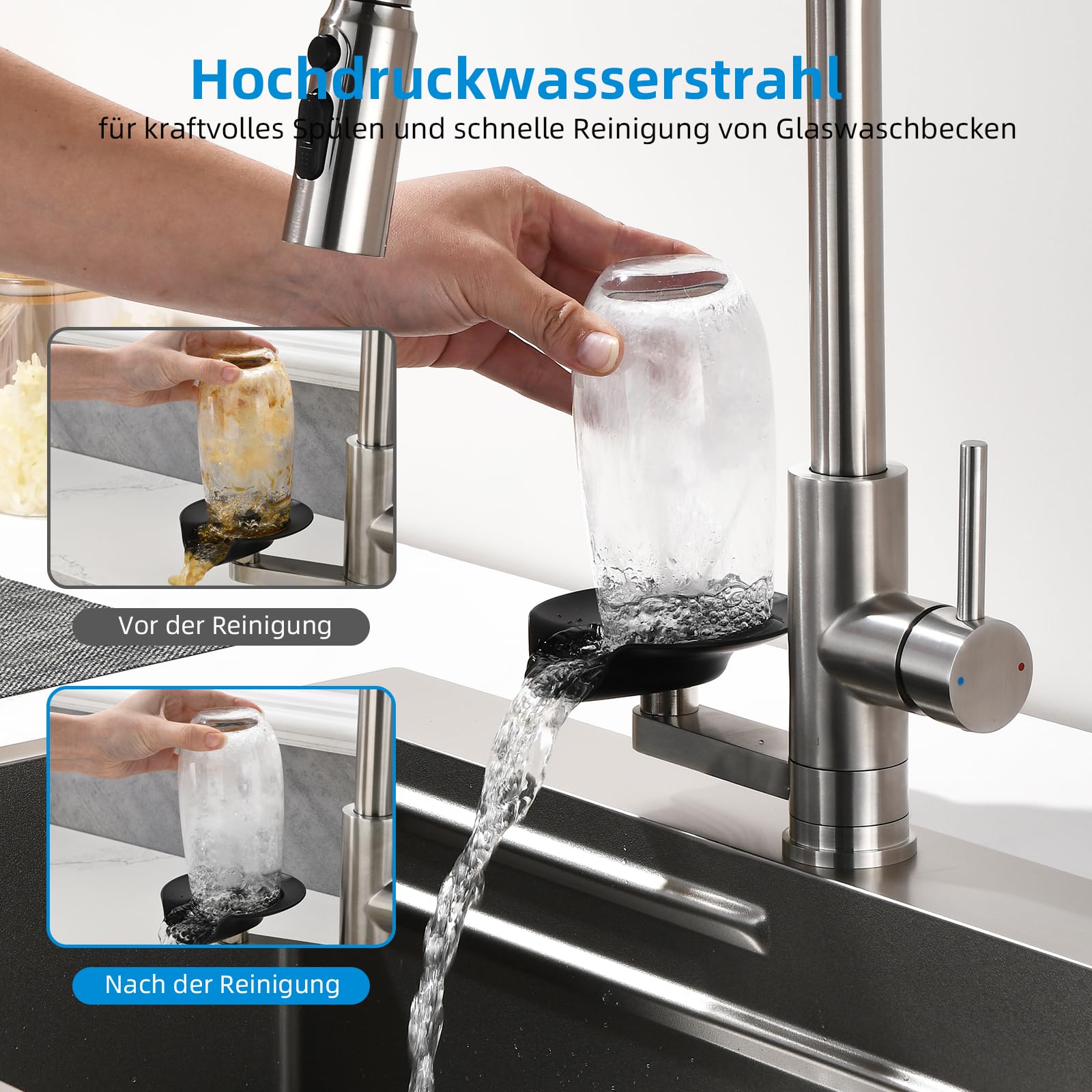 Robinet de cuisine Mynaiad avec lave-gobelet,douchette extractible, double sortie, rotation 360°, robinetterie robinet cuisine en acier inoxydable 304 brossé
