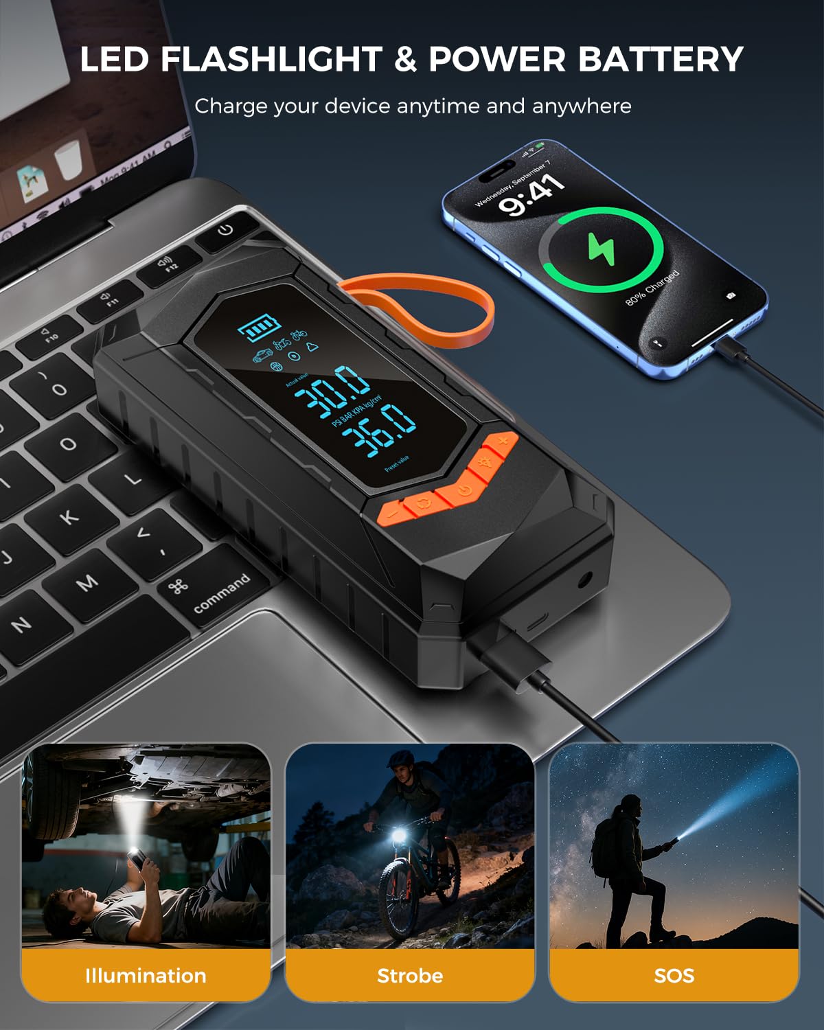 Tire Inflator Portable Air Compressor 160 PSI 25000mAh Cordless Air Pump for Car Tires with Digital Pressure Gauge — view 5