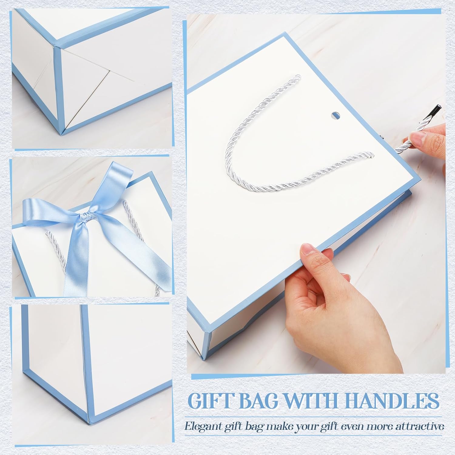 Silkfly Paper Gift Bags with Handle 9x7x3.15'' Thank You Gift Bags with Bow Ribbon for Graduation Appreciation Holiday Wedding Bridal Baby Shower Birthday Party Supplies(White, Light Blue,12 Pcs) - Image 3