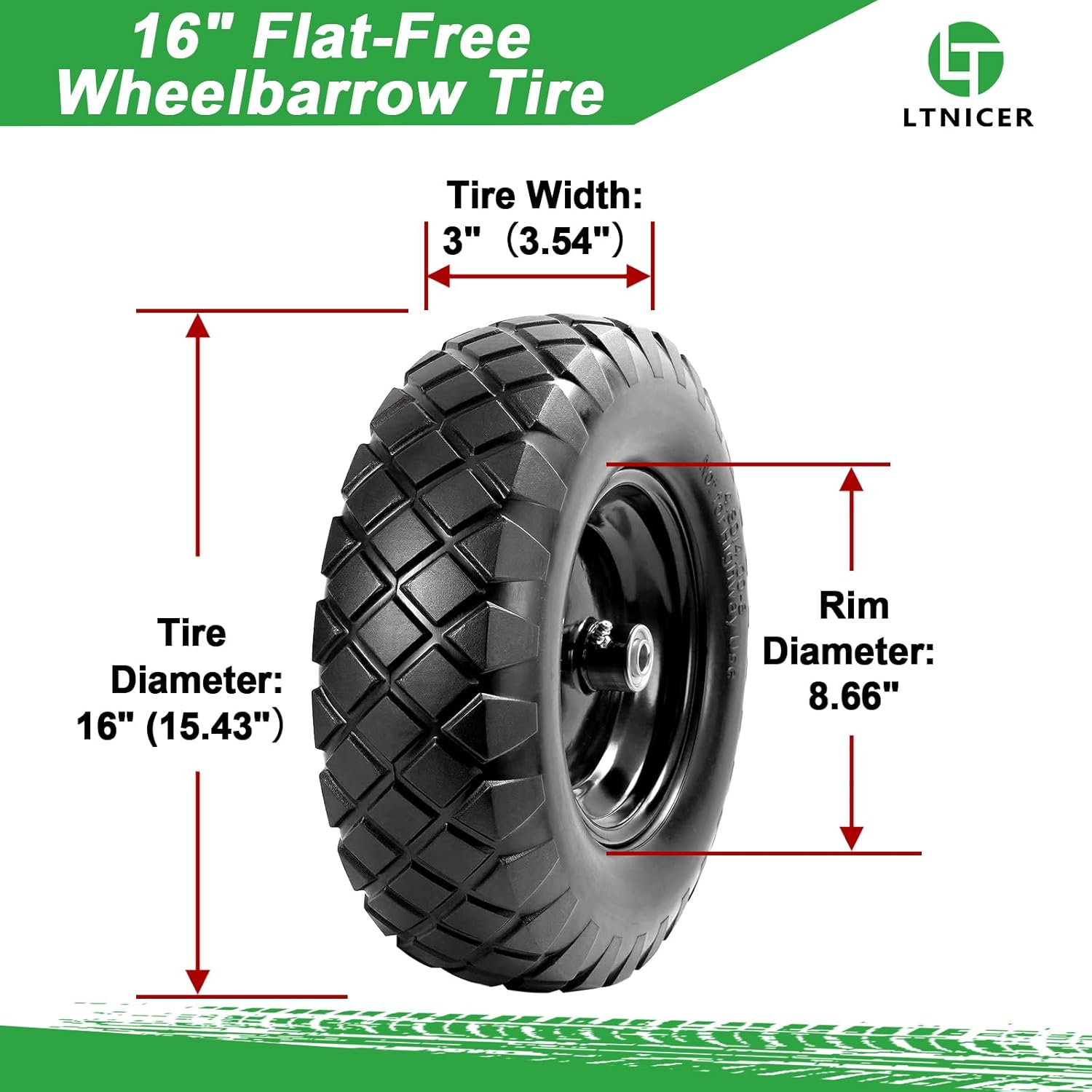 16" Flat Free Wheelbarrow Wheels and Tires, 4.80/4.00-8 Solid Wheelbarrow Tires with 5/8"&3/4" Bearings,14"-16" Universal Fit Wheelbarrow Tires for Wheelbarrows/Garden Trail(Black)