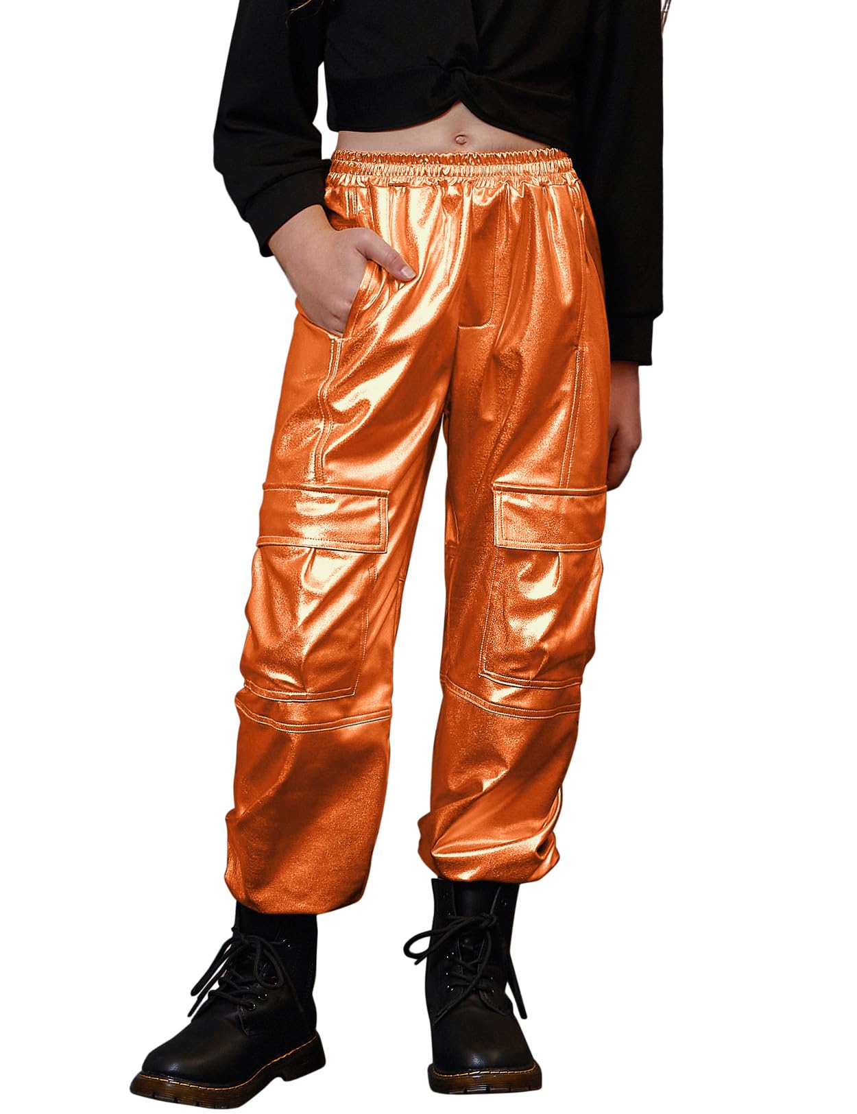 Perfashion Metallic Cargo Pants for Girls &amp; Womens Hip Hop Dance Multi-Pocket Joggers High Waist Pants 6-15Y