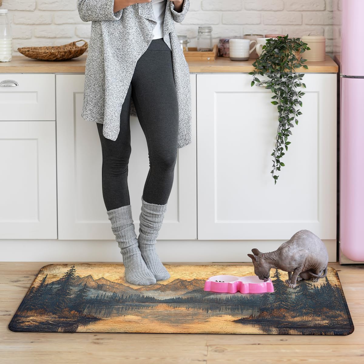 Mountain Kitchen Rug Set of 2, Nature Lake Nature Pine Forest Kitchen Rugs and Mats Non Skid Washable Microfiber Runner Rugs Accessories Decoration Floor Mats 17x29 and 17x47 Inch