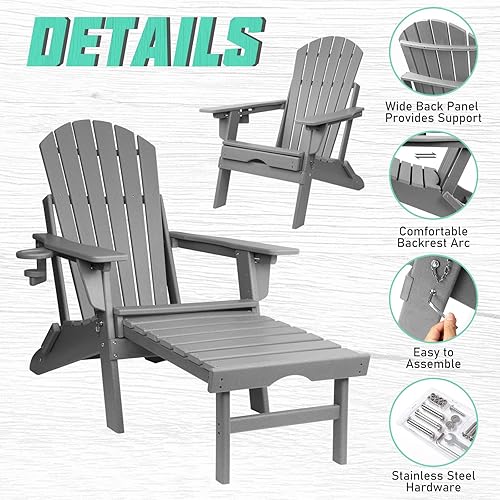 Miniatura 7 de FUNBERRY Juego de 2 sillas Adirondack plegables ajustables con otomana retráctil, sillas para hoguera para todo tipo de clima con soporte para tazas