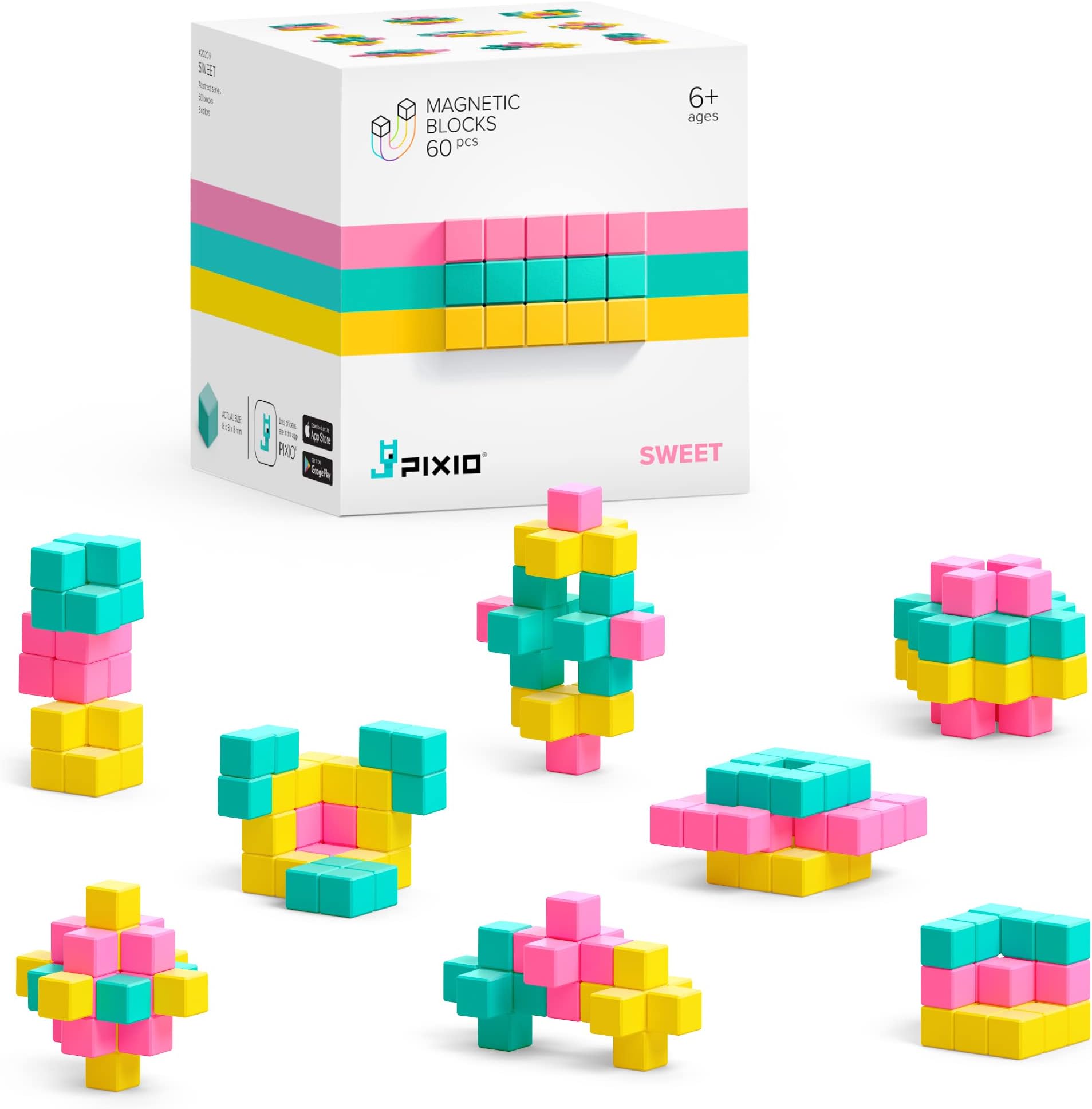 Sweet - Tiny Magnetic Blocks Building Toy in The Pixel Art Style with Free App - 5/16" Plastic Cubes with 6 Magnets Inside - Open Ended Toy - Creativity Kit for Ages 6+ - 60pcs