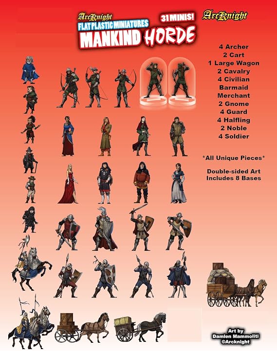 Arcknight Flat Plastic Miniatures: Mankind Horde; 31 Unique Human-Themed Enemy Minis for DND 5e and Pathfinder; Affordable, Skinny Figurines for Dungeons and Dragons and Other Tabletop RPG Games