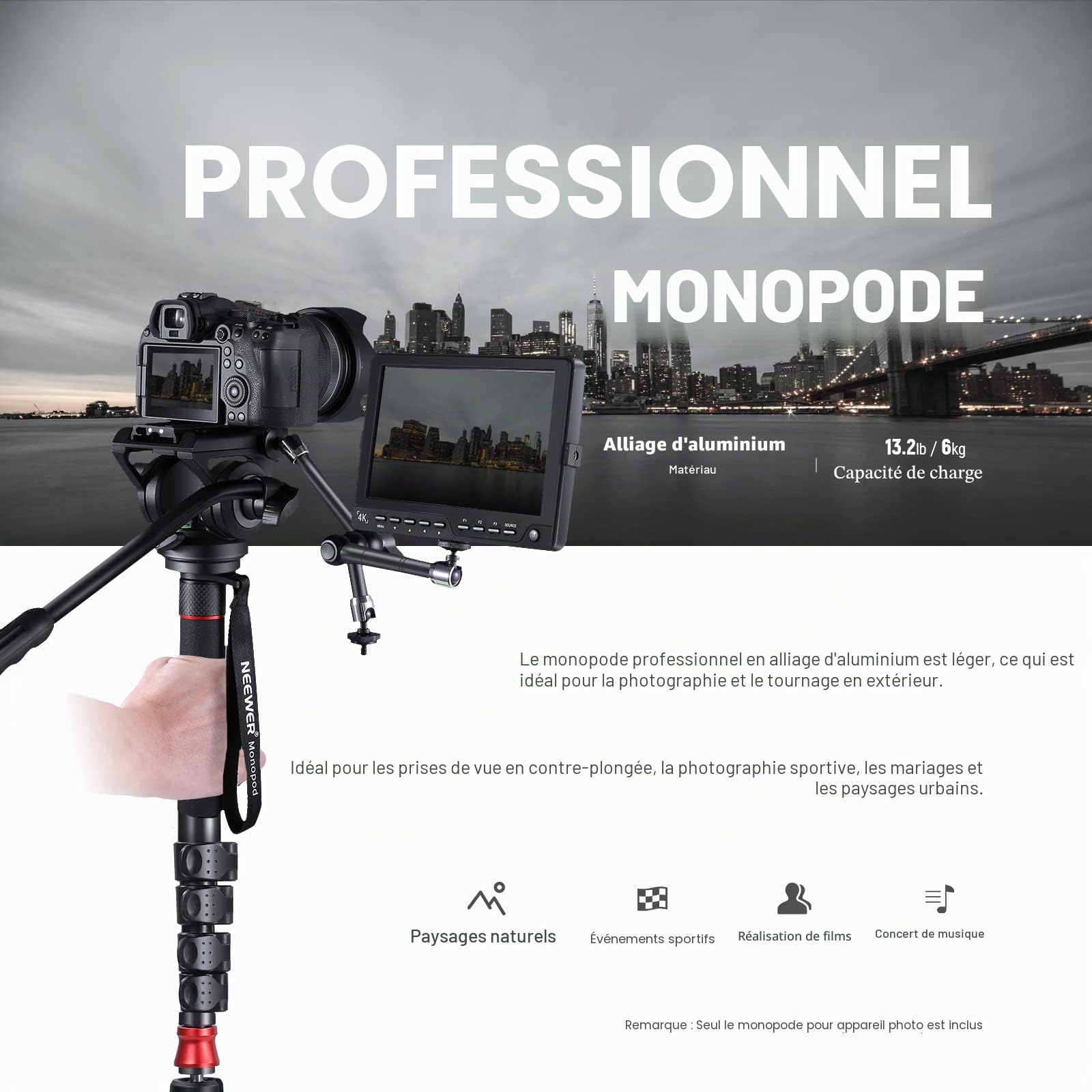 NEEWER GM76 Monopode professionnel pour appareil photo avec pieds, télescopique, portable, en aluminium, tête fluide, inclinable, pied amovible, pour appareil photo reflex numérique, charge maximale 6