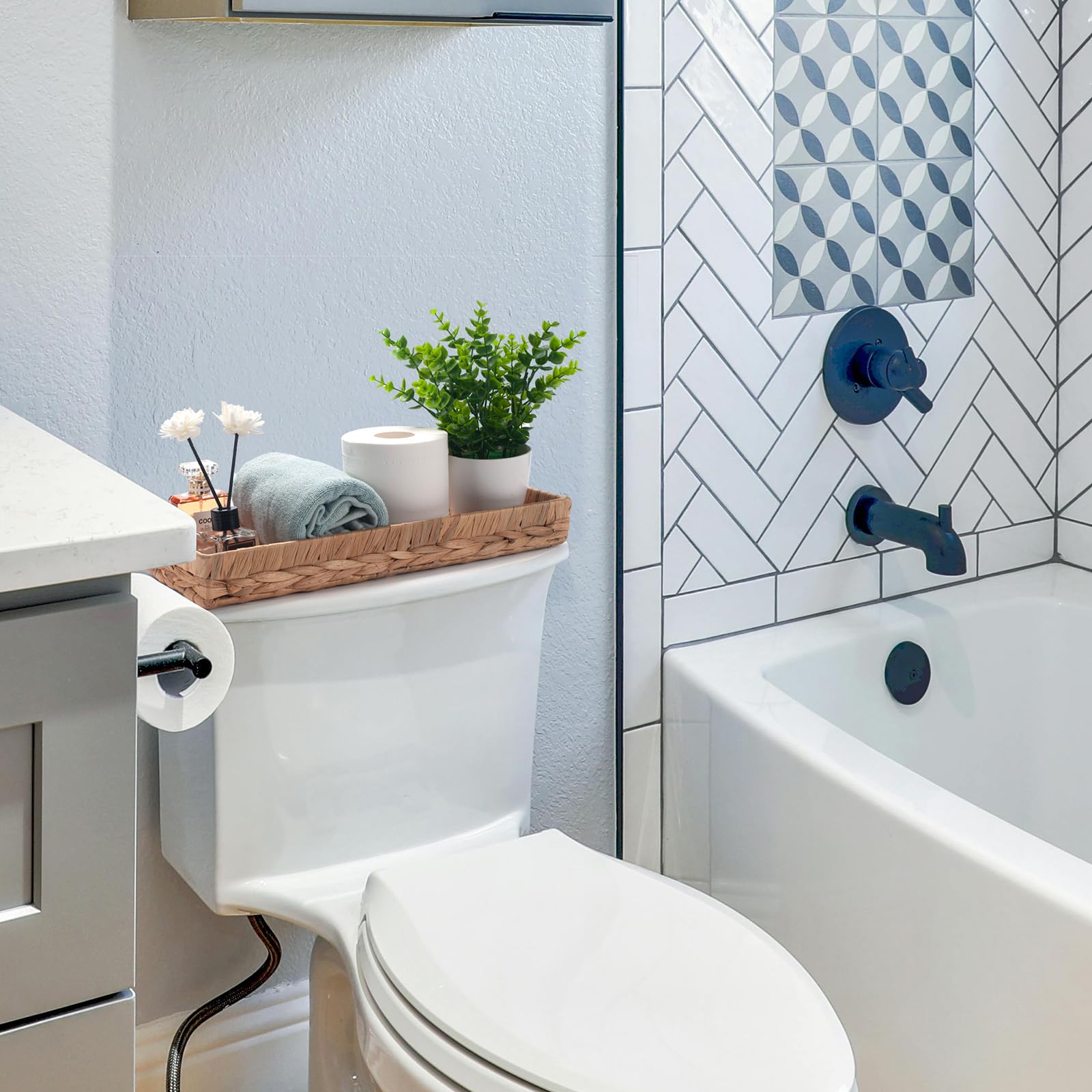 Vassoio Bagno Portaoggetti Rettangolare per Organizzare Giacinto d'acqua Cesto Vimini del Toilette Lungo Stretto Porta Asciugamani Ospiti (Naturale 41,5 x 15,5 x 5cm)