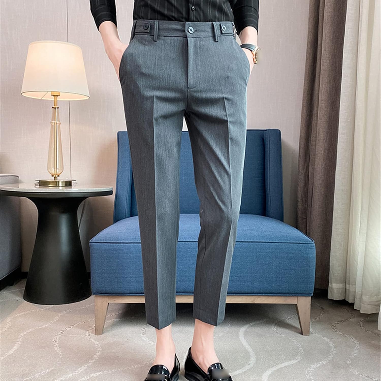 Men's Business Button Decorative Cropped Pants Stretch Slim Skinny Suit Pants Classic Fit No Iron Casual Pants