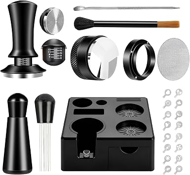 9 Pcs 54mm Espresso Accessories Kit for Coffee WDT Tool Accessories Set with Tamper Square Espresso Tamping Station Distributor Dosing Funnel Stirrer Brush Puck Screen Latte Art Pen & Stencils -54mm