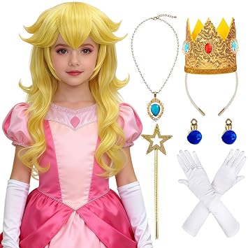 7pcs Girls Golden Blonde Princess Wig Halloween Costume Wig SL056 | Kids Long Wavy Wig with Crown Accessories, Pre-Cut Bangs, Tangle-Free & Ready to Wear for Cosplay Party Halloween