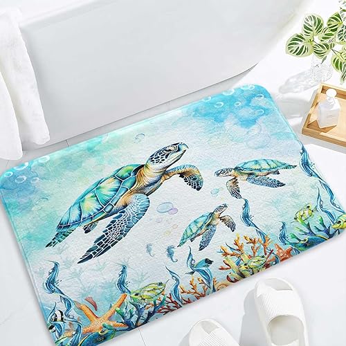 MERCHR Alfombras de baño con diseño de tortuga marina de acuarela, color azul, animales marinos náuticos, alfombras de baño subacuáticas, bonitas