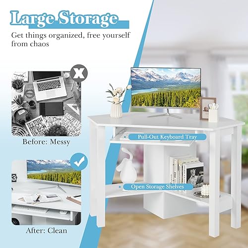Miniatura 5 de Escritorio esquinero para computadora para espacio pequeño, estación de trabajo de oficina en casa con bandeja para teclado y estante, escritorio de