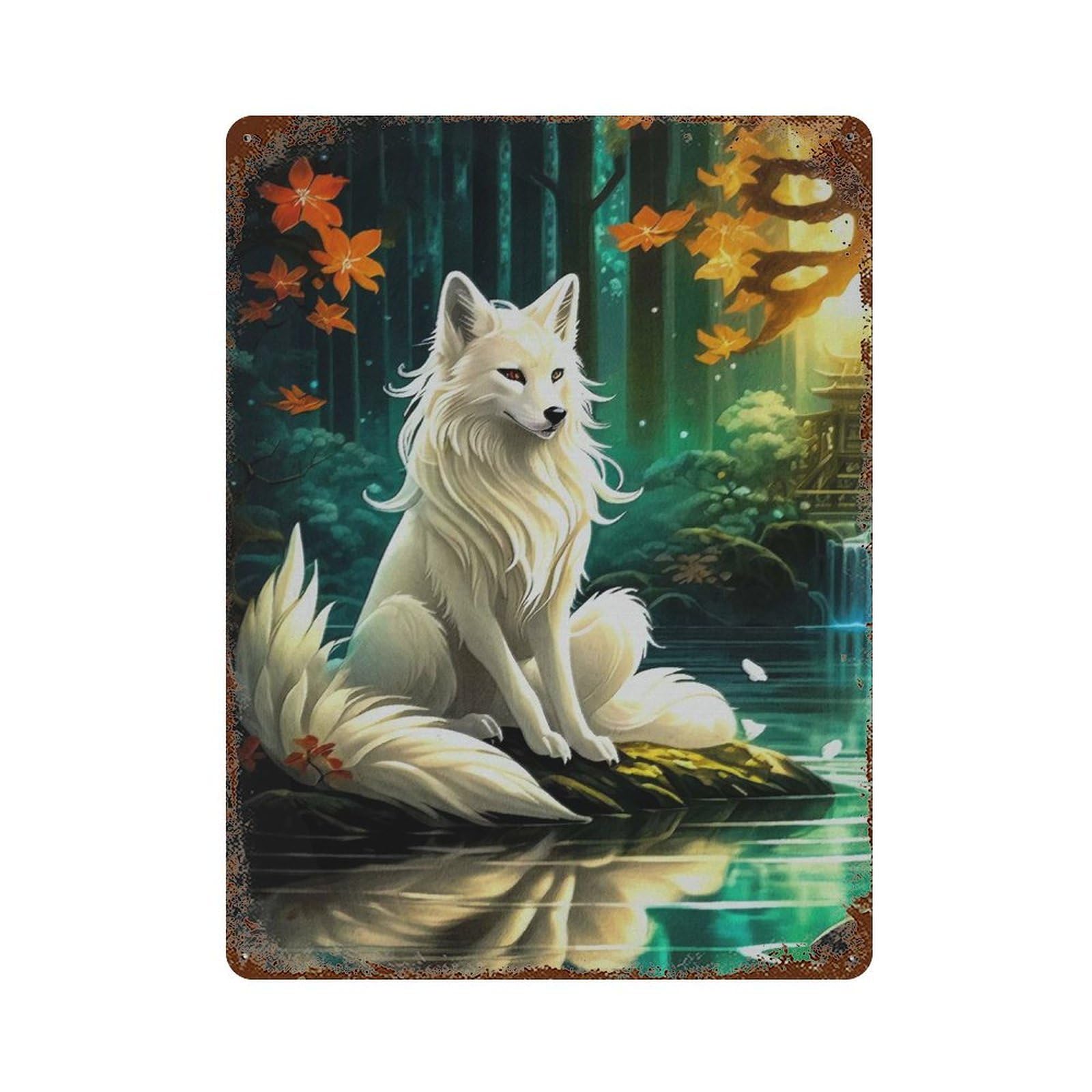 Sakura Kitsune Fox Retro Metal Sign 15.7"x11.8", for Bistro, Counter And Cafe Decor, Rustic Home Decor