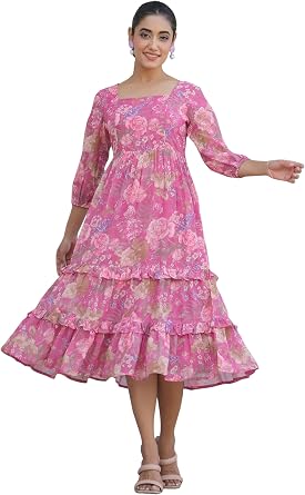 Janasya Womens Georgette Pink Comfort Flared Summer Dress for Women