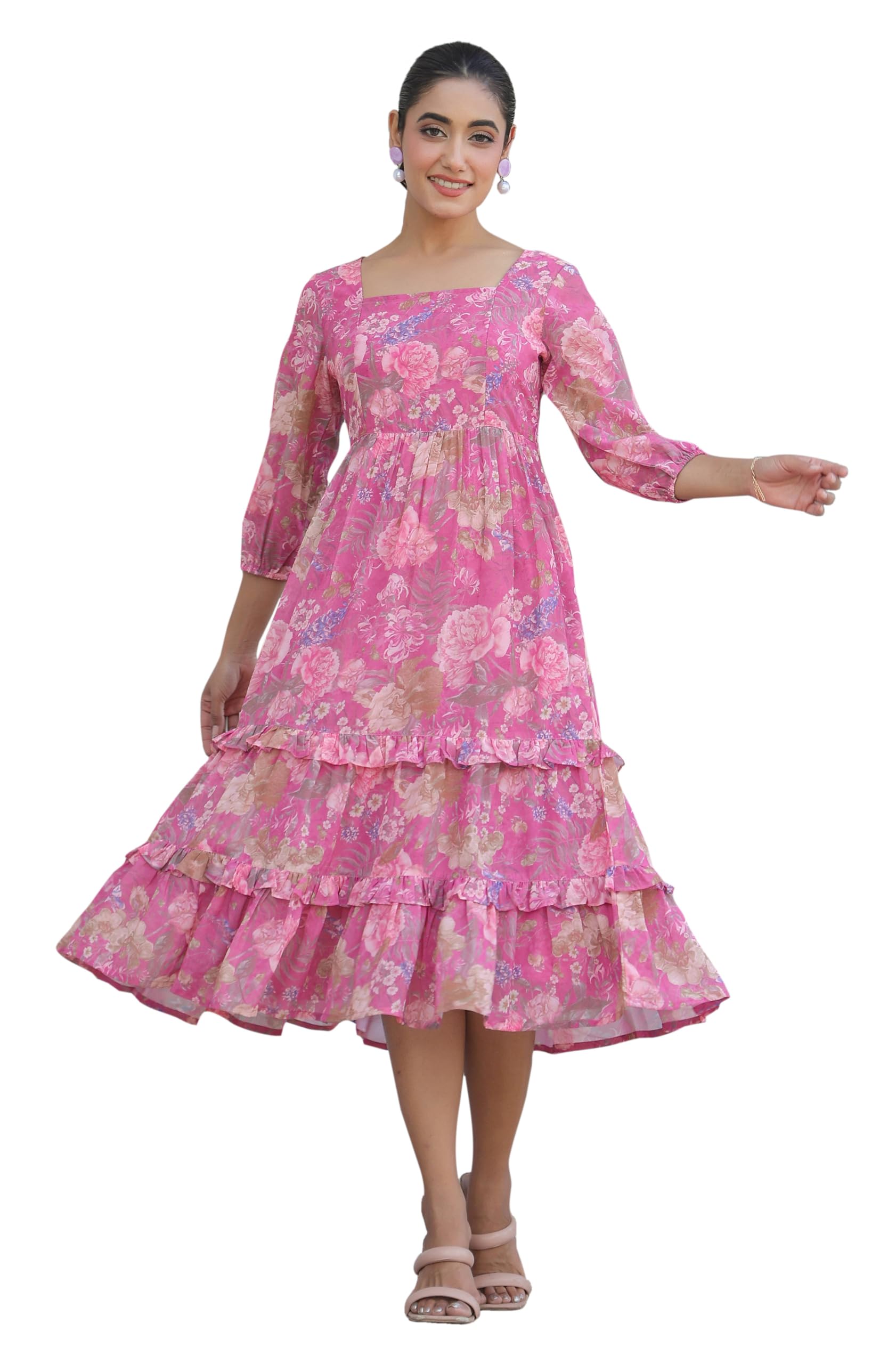 Janasya Robe à volants en georgette à motif floral lavande Dobby pour femme