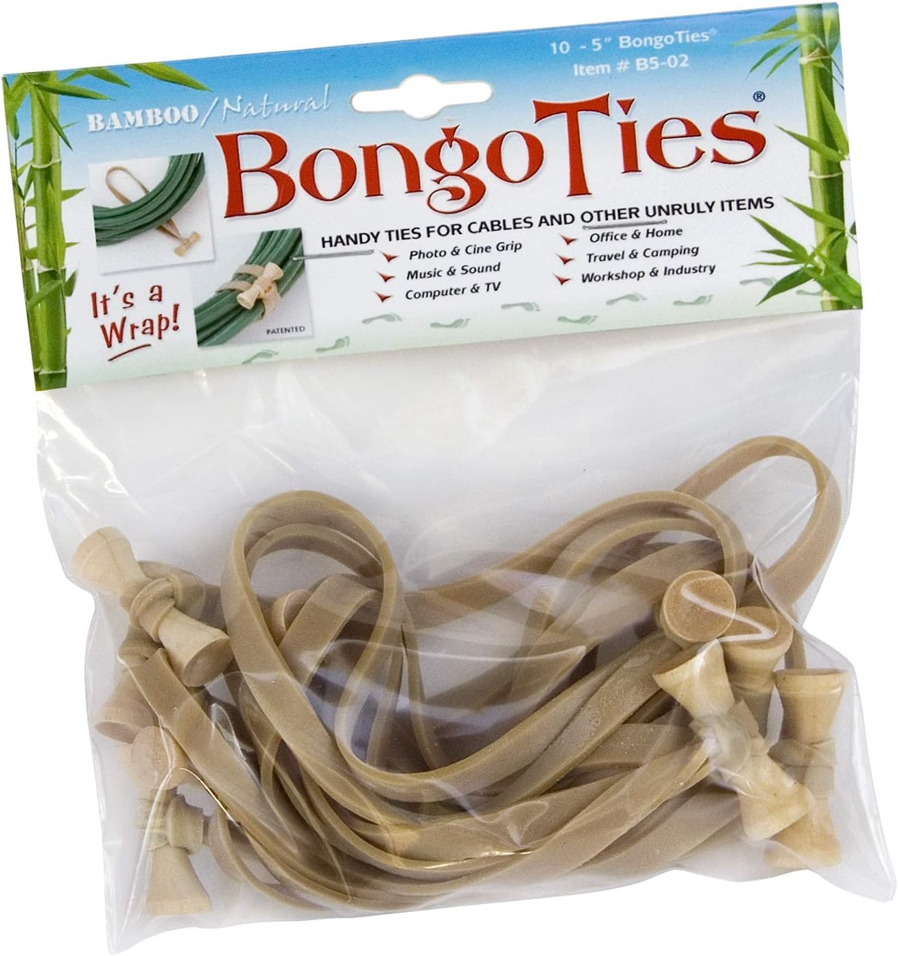 BongoTies® Natural Color Bongo Ties B5-02 - 10 Pack ~ Professional cable ties made of natural rubber and bamboo ~ HANDY TIES FOR CABLES AND OTHER UNRULY ITEMS