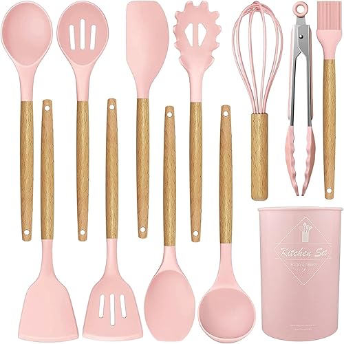 Miniatura 10 de Juego de 12 utensilios de cocina de silicona con soporte, espátula de silicona resistente al calor, cucharas de madera, utensilios de cocina,